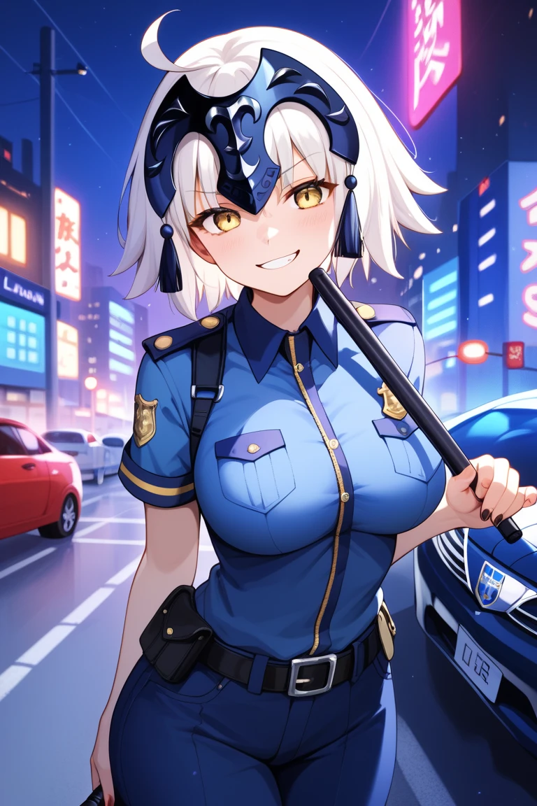 masterpiece,best quality,{{detailed beautiful face and eyes}}, 
Jeanne d'Arc Alter,{{{megami magazine}}},short hair,white hair,hair between eyes,headpiece,yellow eyes,large breasts,
blue police officer,dark blue miniskirt,
1girl,(is smug:1.0),
 ((standing next to a police car,have a black baton,cowboy shot,looking at viewer:1.2)), 
(city,night:1.0),clothed