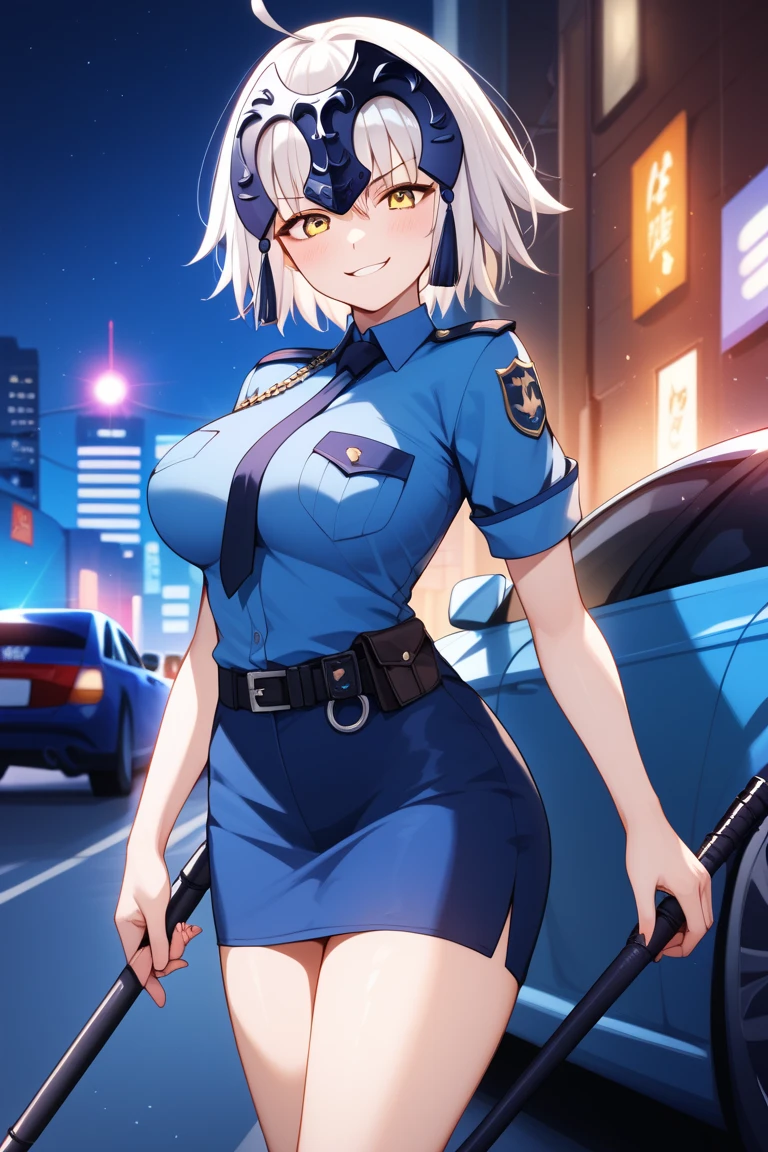 masterpiece,best quality,{{detailed beautiful face and eyes}}, 
Jeanne d'Arc Alter,{{{megami magazine}}},short hair,white hair,hair between eyes,headpiece,yellow eyes,large breasts,
blue police officer,dark blue miniskirt,
1girl,(is smug:1.0),
 ((standing next to a police car,have a black baton,cowboy shot,looking at viewer:1.2)), 
(city,night:1.0),clothed