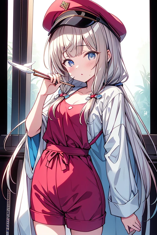 frome below:1.1,a  girl smoking while wearing a bathrobe among other decorative items, 1girl,small breasts, long hair, cleavage, silver hair,open mouse, looking at viewer, hat, bird, chopsticks, long shorts, shirt, solo, food, pink blue eyes, beautiful composition, cinematic lighting, extremely detailed, 8k, cinematic postprocessing, {{bad fingers,bad-anatomy,missing-fingers}}, {{signature,watermark,username,artist name}}, {{retro style,poor-quality }}, Maximum Facial Detail, Maximum Detailed Texture, Maximum Detailed Shadow, Maximum Detailed Background,at cafe rn the morning,character focus, depth of field, glowing particles, glowing, reflection, blue theme, red theme, green theme, orange theme, yellow theme,highly detailed, ultra-sharp, 8K resolution,tokiame