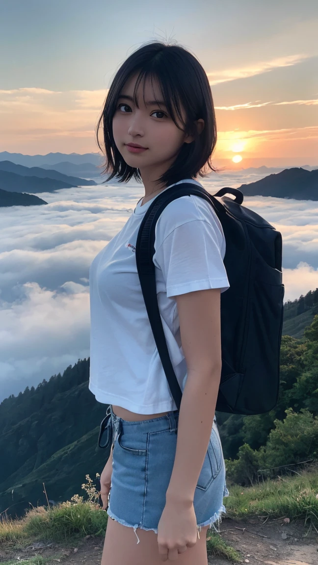 Highest quality, masterpiece, Ultra-high resolution, (Realistic:1.3), RAW Photos, (Nature landscape photography), (Majestic Mountain々The summit of the, sea of clouds), (On top of a very large mountain), (sunset), (One Girl), (Upper Body), (20-year-old), (smile:0.9), (Shiny skin), (short hair, Dark brown hair), (White T-shirt), (Tight casual shorts), (Carry a large backpack on your back), (Ultra detailed face), (Nipple erection), (Highly detailed eyes), (Highly detailed nose), (Highly detailed mouth), (Very skilled hands), (Super-detailed body), Sony a7, 85mm lens, f9.0, Pan Focus
、Luxury Panties、