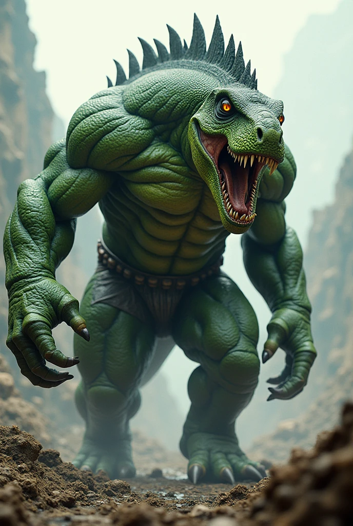 It is depicted as a large lizard with green skin covered with scales, about 3-4 meters tall and with a strong body, long claws and a tail. It has the ability to release venom with a scary and frightening posture. Its eyes shine and its posture is defensive and fierce.