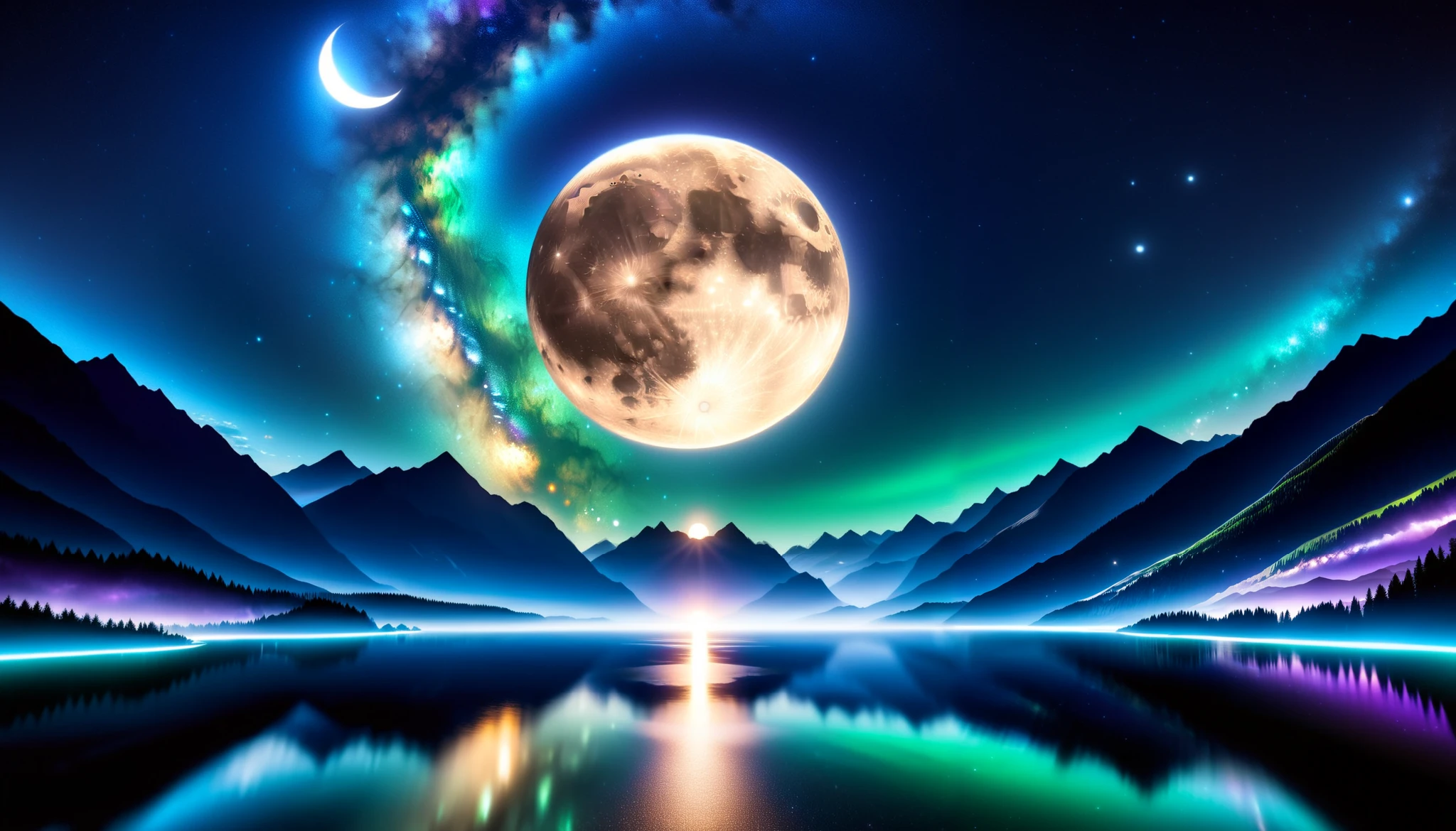 (greenく光る巨大な月), super high image quality, high definition , High Quality ,Detailed Scenery ,Night Sky,（Milky Way Galaxy）,The Alps,The giant moon and stars moving to the lake々, Beautiful Artistic Illustrations, Ultramarine, green,  Purple , black, Majestic Atmosphere,Mystical Moon,
