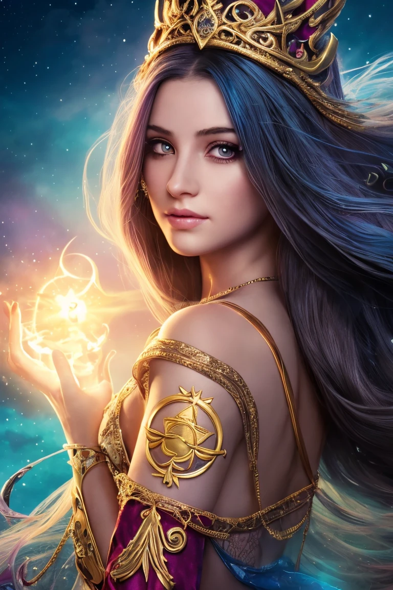 (best quality, masterpiece), 1girl, pose, particle, wind, flower, upper body, simple background, looking at viewer, black wildly hair, cosmic, nebulas, galaxy