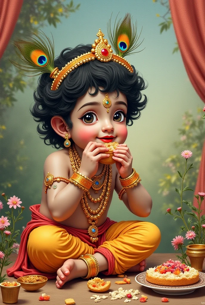 Make image of child lord shri krishna holding the pot of butter in hand in sitting posture and in upper side centre write "Happy janmashtami"and down side Sudarshan Dairy & Apna chemist