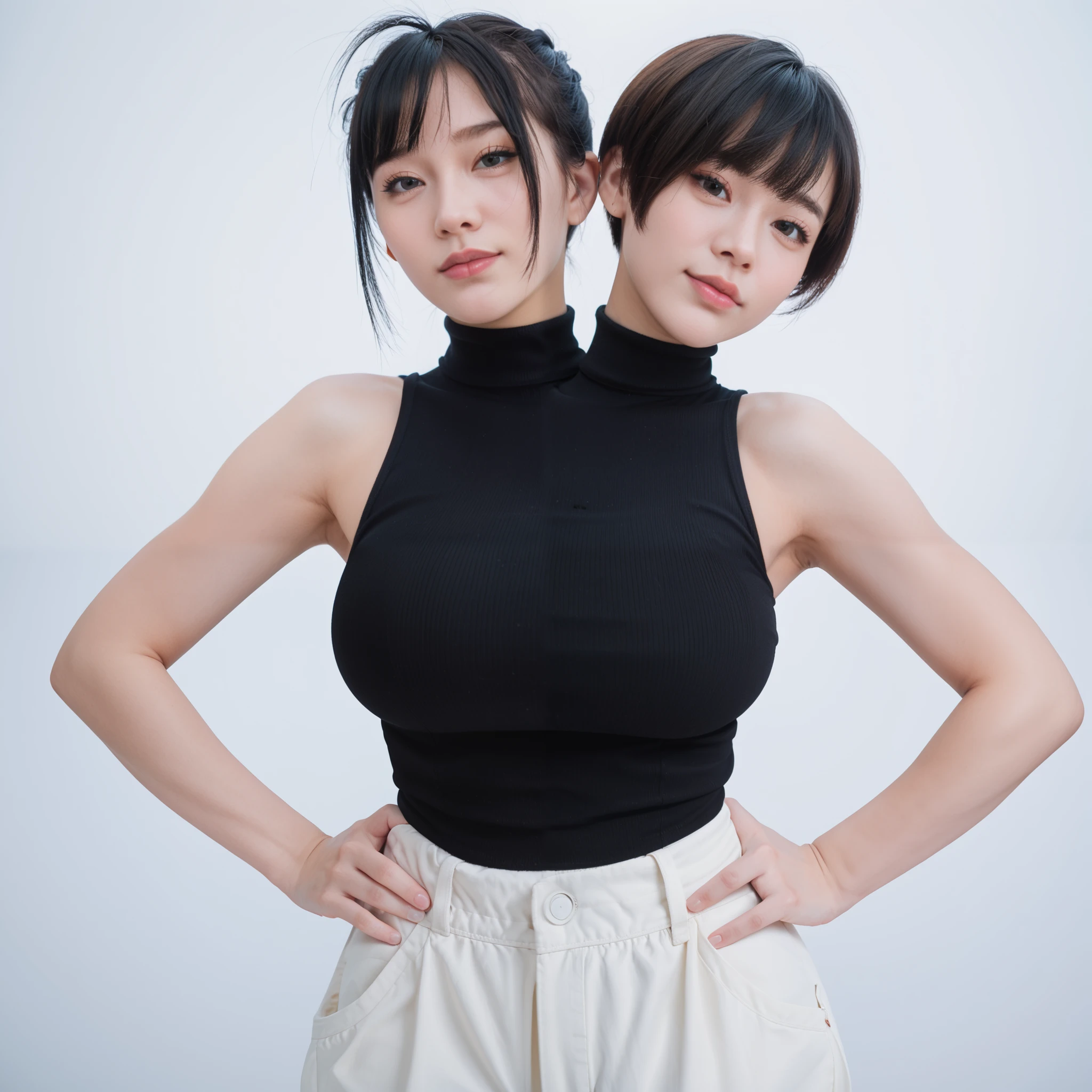 best resolution, close-up shot,  conjoined, 2heads,  woman with two heads, tall, big chest, different hairstyles, short  blonde hair, long black hair, pigtails and pixie cut, black turtleneck sleeveless  cropped, hands on hips, white baggy pants