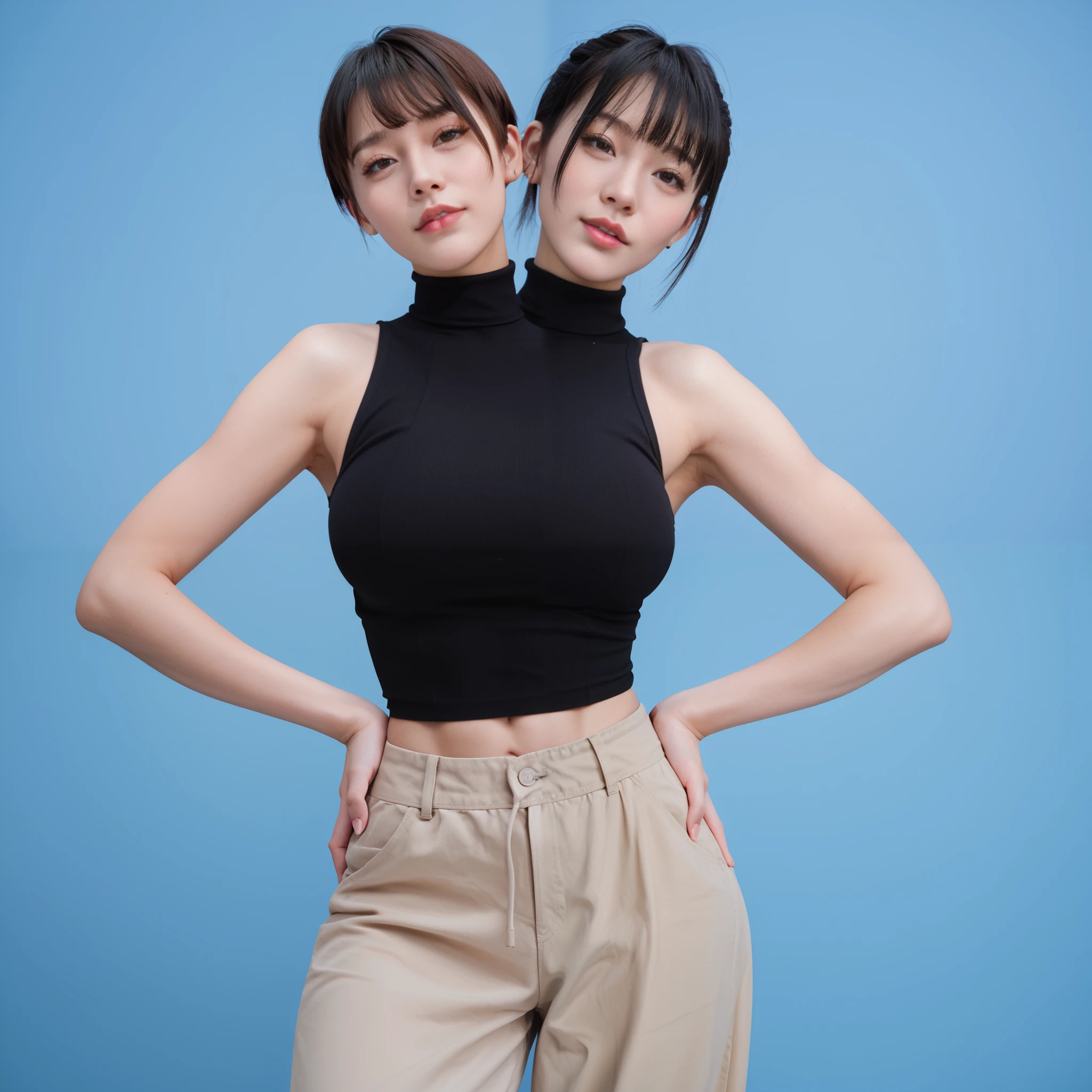 best resolution, close-up shot,  conjoined, 2heads,  woman with two heads, tall, big chest, different hairstyles, short  blonde hair, long black hair, pigtails and pixie cut, black turtleneck sleeveless  cropped, hands on hips, white baggy pants