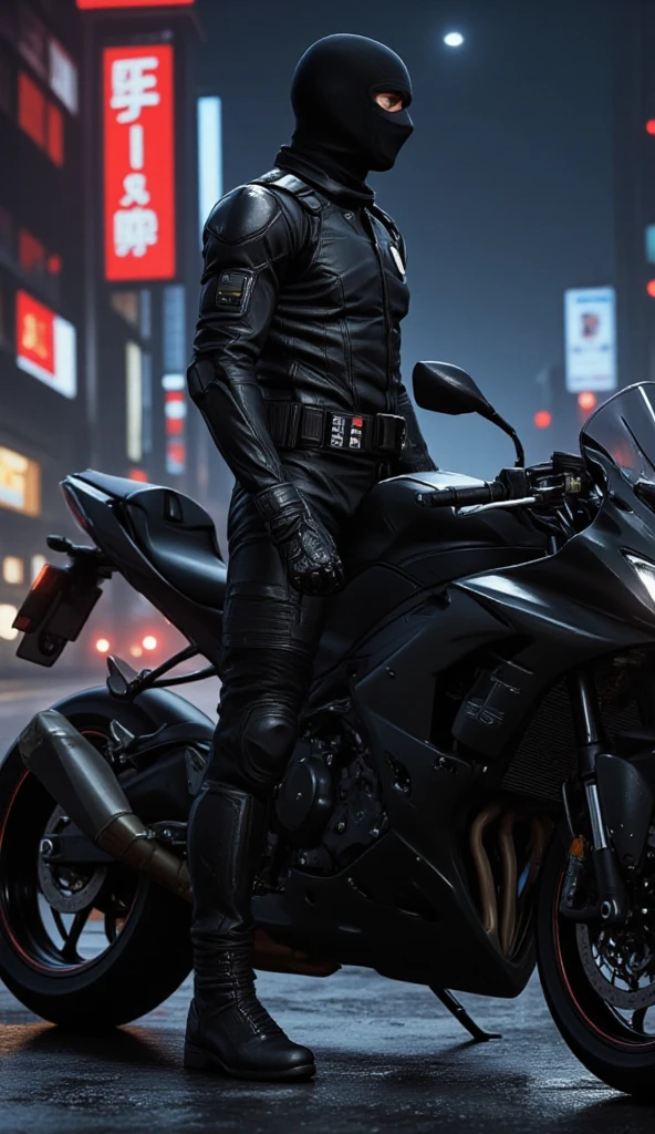 A full-body image of a muscular adult male dressed in police tactical gear, PTU-style, wearing a black leather full-body suit, balaclava,RIDING GLOVES and racing boots. The sleek leather outfit provides full coverage, exuding a dark and intense atmosphere. The scene is illuminated by low light, casting dramatic shadows that enhance the mysterious and powerful presence. He stands beside a heavy-duty police motorcycle, ready for action. The composition emphasizes his commanding stance and the tactical precision of his gear,Future City Technology,blending a sleek, futuristic aesthetic with a gritty, law enforcement vibe.Cyberpunk city streets.Large Collar

