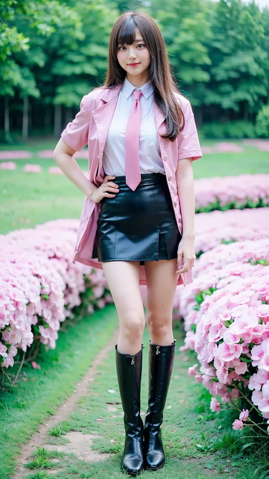 (8k、     RAW photos   、   top quality、masterpiece   :1.2)、(   realistic  、   realistic  )、1 person、((bangs、 ties、Short sleeve、 boots、 Pink Jacket 、smile、whole body、 black tight mini skirt、Flower Field、Narrow waist、Stand with hands on hips、 standing facing you   )、 cute