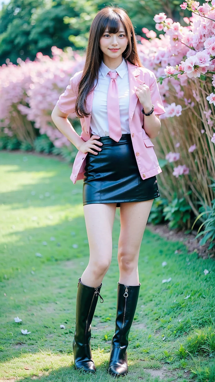 (8k、     RAW photos   、   top quality、masterpiece   :1.2)、(   realistic  、   realistic  )、1 person、((bangs、 ties、Short sleeve、 boots、 Pink Jacket 、smile、whole body、 black tight mini skirt、Flower Field、Narrow waist、Stand with hands on hips、 standing facing you   )、 cute