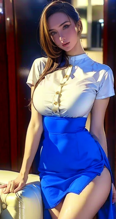 realistic, ( Beautiful, white, glowing skin, incomparable beauty, bright, fresh, soft expression, Perfect and beautiful cute face, very large breasts, No Braza, swelling chest, Shiny Platinum Blonde Silk Super Long Straight Hair, beautiful shiny forehead, eyeliner, Big, clear, sky-blue eyes,, earring), (She is wearing a short, very revealing white embroidered skirt), (Blouse that shows clear cleavage), white apron tied at waist, big ass, Thighs visible, Clear Pussy Marks, ax marks, standing, beautiful smile, blue socks, There is a blue scarf on her head., Her accessories include a necklace., earring, And bracelets, 1 full body girl)), ultra high resolution, (realistic: 1.4), best quality, (Photorealistic Stick), Concentrate upon, soft light, (()), (( (young face))), masterpiece, (realistic), female, forehead, ((1 model girl)), Looking straight at the camera, (start from below:1.5), She&#39;s sexy,