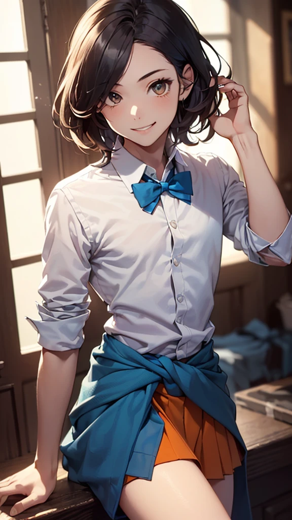 ((Masterpiece)), ((best quality)), (( 1 boy , male gender, male body, solo, teen , medium  hair , petit body, skinny, , smile,  gay , sexy, teasing , provocative)), ((white shirt, blue bowtie, orange skirt, cloth around the waist))