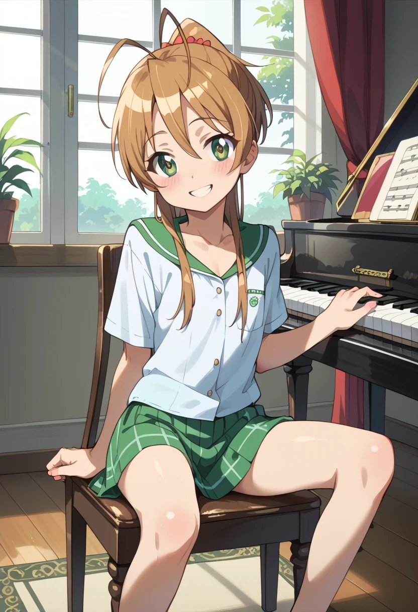 (( top quality )), ((masterpiece)), (be familiar with), perfect face, indoor, bedroom,  Watching Viewers ,
One woman, Miyamoto Rei,
開いた口,  ecstatic expression beside the piano, blush, smile,
 small ,  flat chest, Young girl, Lori,  kids,  girl,
 long hair,  ponytail,
Leg spread,