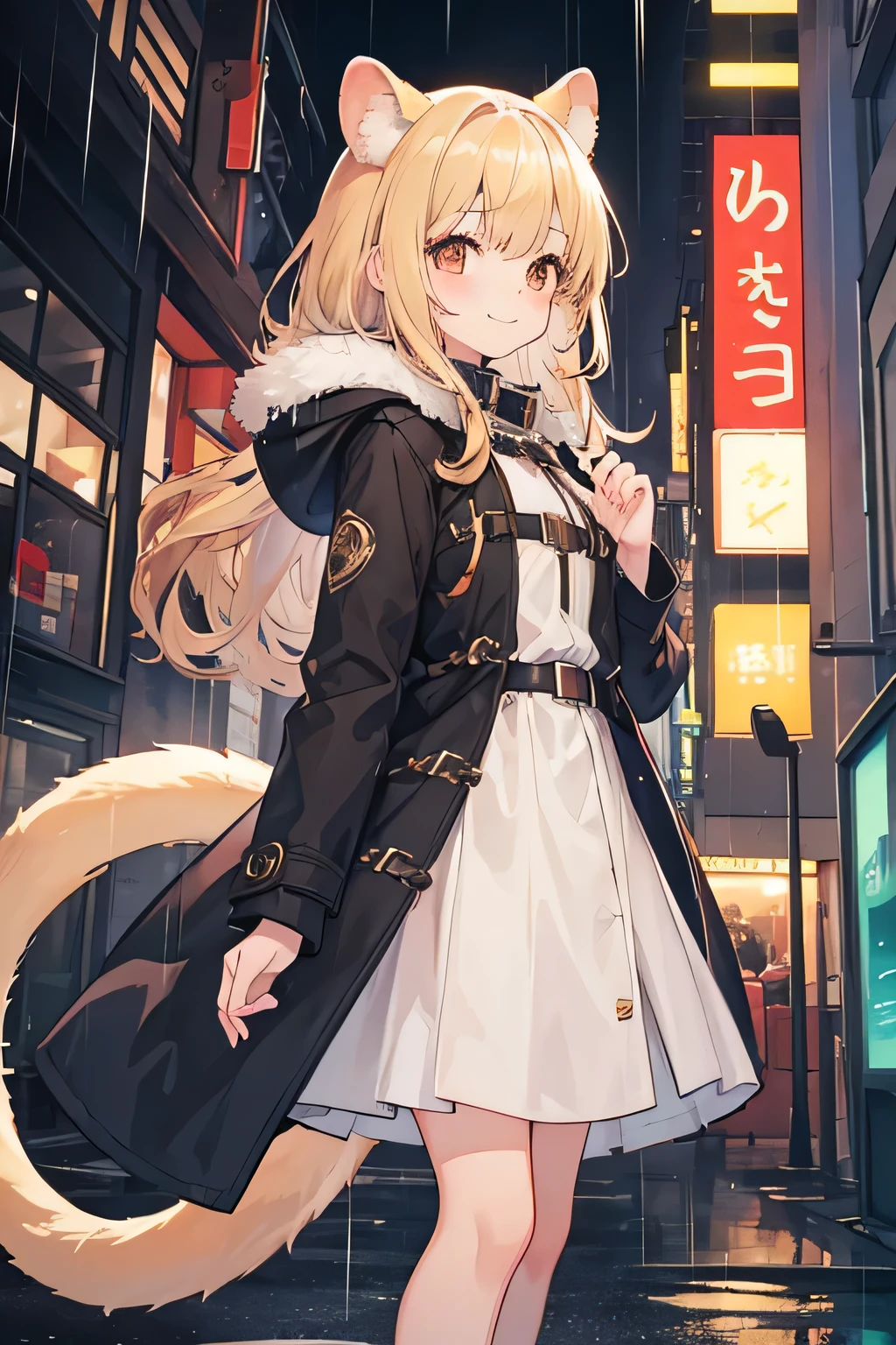 Anime girl in a white dress and black coat standing in a city - SeaArt AI