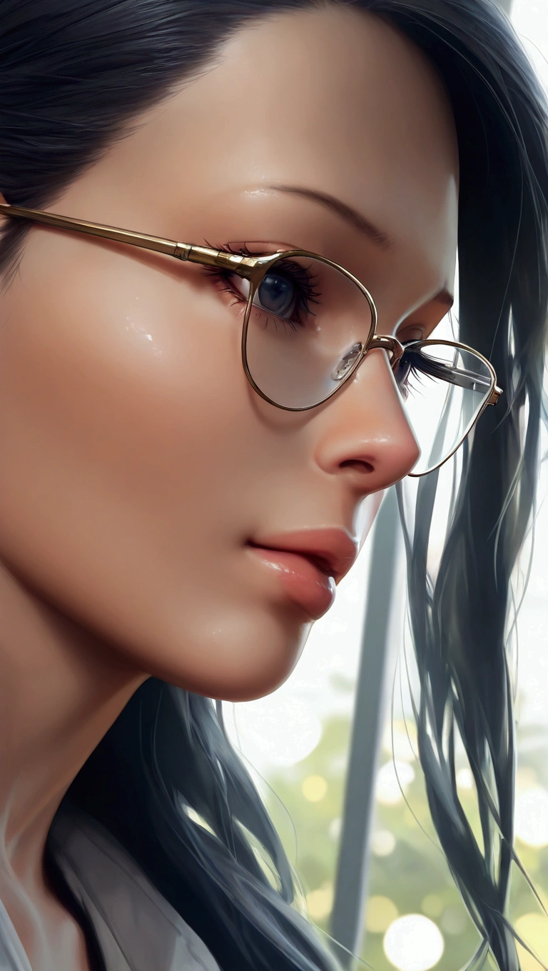 1girl, black hair, glasses, cyberpunk style, waist-high shot, beautiful detailed eyes, beautiful detailed lips, extremely detailed face, long eyelashes, solo, appearance, (best quality, 4k, 8k, highres, masterpiece:1.2), ultra-detailed, (realistic, photorealistic, photo-realistic:1.37), HDR, UHD, studio lighting, ultra-fine painting, sharp focus, physically-based rendering, extreme detail description, professional, vivid colors, bokeh