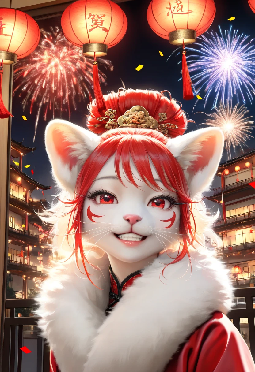 (a girl in a red qipao:1.2,white fur collar:1.2,white fur cuffs:1.2,white fur balls on both sides of hair:1.2,beautiful detailed eyes,beautiful detailed lips,extremely detailed eyes and face,long eyelashes,smiling,standing,traditional Chinese hairstyle,celebratory atmosphere,Chinese New Year decorations,red lanterns,fireworks,confetti,indoors,modern apartment,realistic,photorealistic,photo-realistic:1.37,best quality,4k,8k,highres,masterpiece:1.2,ultra-detailed,studio lighting,ultra-fine painting,sharp focus,physically-based rendering,extreme detail description,professional,vivid colors,bokeh,portrait,contemporary style,red and gold tones,warm lighting)