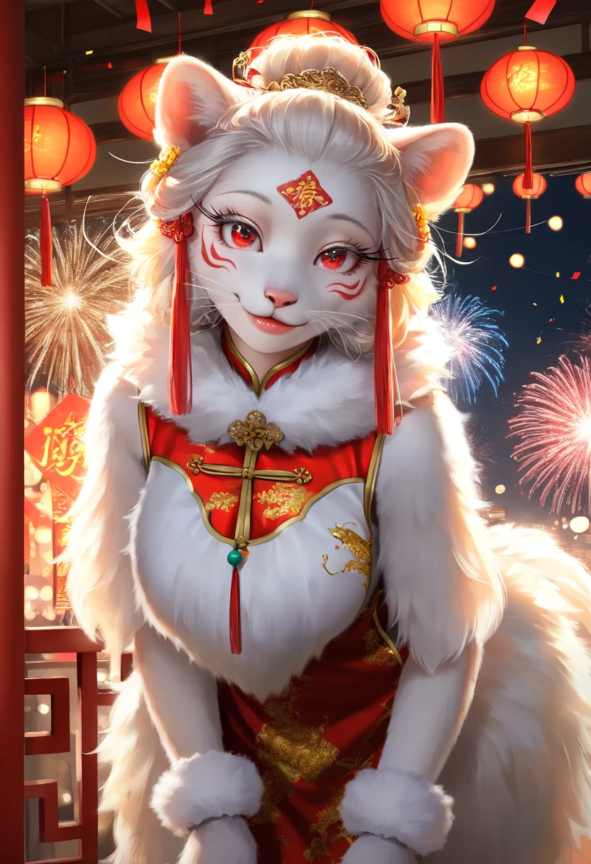 (a girl in a red qipao:1.2,white fur collar:1.2,white fur cuffs:1.2,white fur balls on both sides of hair:1.2,beautiful detailed eyes,beautiful detailed lips,extremely detailed eyes and face,long eyelashes,smiling,standing,traditional Chinese hairstyle,celebratory atmosphere,Chinese New Year decorations,red lanterns,fireworks,confetti,indoors,modern apartment,realistic,photorealistic,photo-realistic:1.37,best quality,4k,8k,highres,masterpiece:1.2,ultra-detailed,studio lighting,ultra-fine painting,sharp focus,physically-based rendering,extreme detail description,professional,vivid colors,bokeh,portrait,contemporary style,red and gold tones,warm lighting)