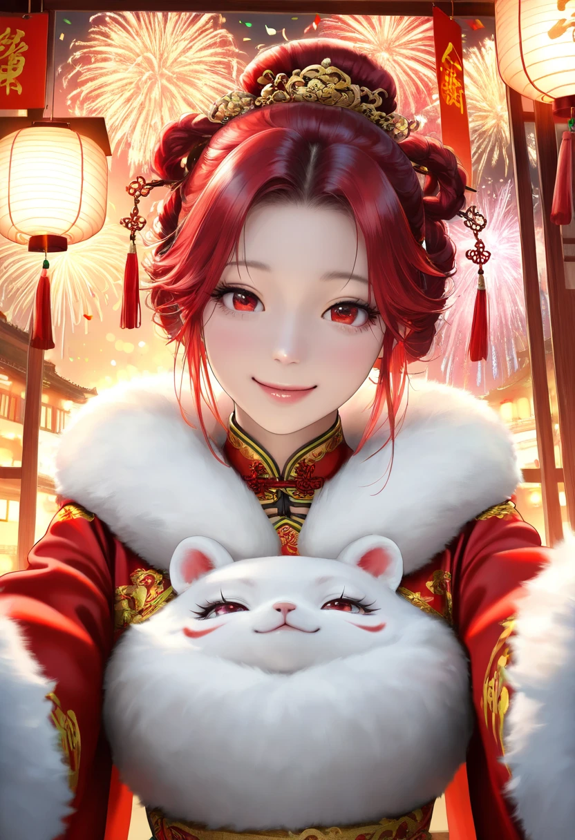 (a girl in a red qipao:1.2,white fur collar:1.2,white fur cuffs:1.2,white fur balls on both sides of hair:1.2,beautiful detailed eyes,beautiful detailed lips,extremely detailed eyes and face,long eyelashes,smiling,standing,traditional Chinese hairstyle,celebratory atmosphere,Chinese New Year decorations,red lanterns,fireworks,confetti,indoors,modern apartment,realistic,photorealistic,photo-realistic:1.37,best quality,4k,8k,highres,masterpiece:1.2,ultra-detailed,studio lighting,ultra-fine painting,sharp focus,physically-based rendering,extreme detail description,professional,vivid colors,bokeh,portrait,contemporary style,red and gold tones,warm lighting)