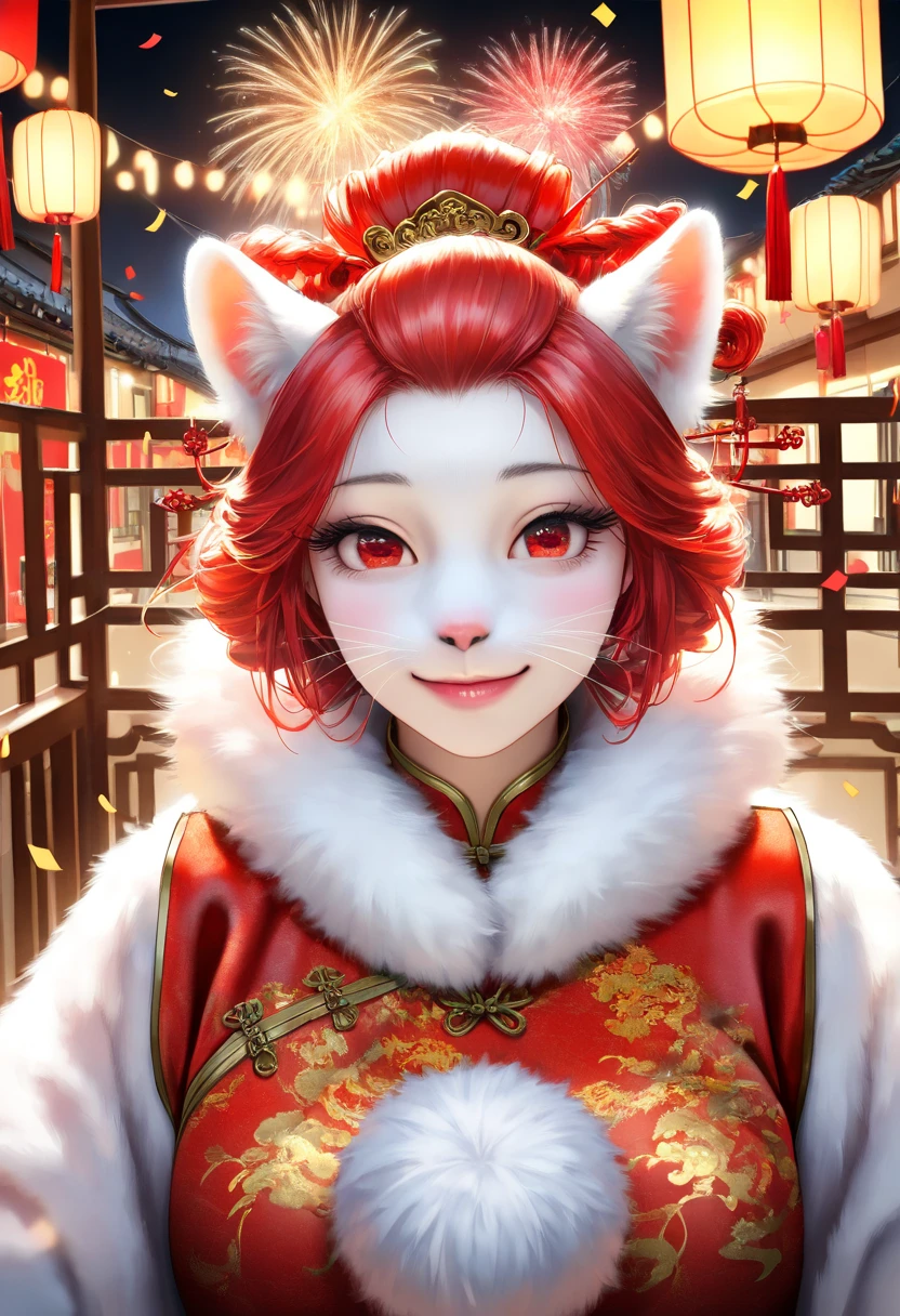 (a girl in a red qipao:1.2,white fur collar:1.2,white fur cuffs:1.2,white fur balls on both sides of hair:1.2,beautiful detailed eyes,beautiful detailed lips,extremely detailed eyes and face,long eyelashes,smiling,standing,traditional Chinese hairstyle,celebratory atmosphere,Chinese New Year decorations,red lanterns,fireworks,confetti,indoors,modern apartment,realistic,photorealistic,photo-realistic:1.37,best quality,4k,8k,highres,masterpiece:1.2,ultra-detailed,studio lighting,ultra-fine painting,sharp focus,physically-based rendering,extreme detail description,professional,vivid colors,bokeh,portrait,contemporary style,red and gold tones,warm lighting)