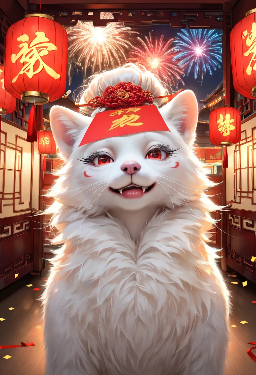 (a girl in a red qipao:1.2,white fur collar:1.2,white fur cuffs:1.2,white fur balls on both sides of hair:1.2,beautiful detailed eyes,beautiful detailed lips,extremely detailed eyes and face,long eyelashes,smiling,standing,traditional Chinese hairstyle,celebratory atmosphere,Chinese New Year decorations,red lanterns,fireworks,confetti,indoors,modern apartment,realistic,photorealistic,photo-realistic:1.37,best quality,4k,8k,highres,masterpiece:1.2,ultra-detailed,studio lighting,ultra-fine painting,sharp focus,physically-based rendering,extreme detail description,professional,vivid colors,bokeh,portrait,contemporary style,red and gold tones,warm lighting)