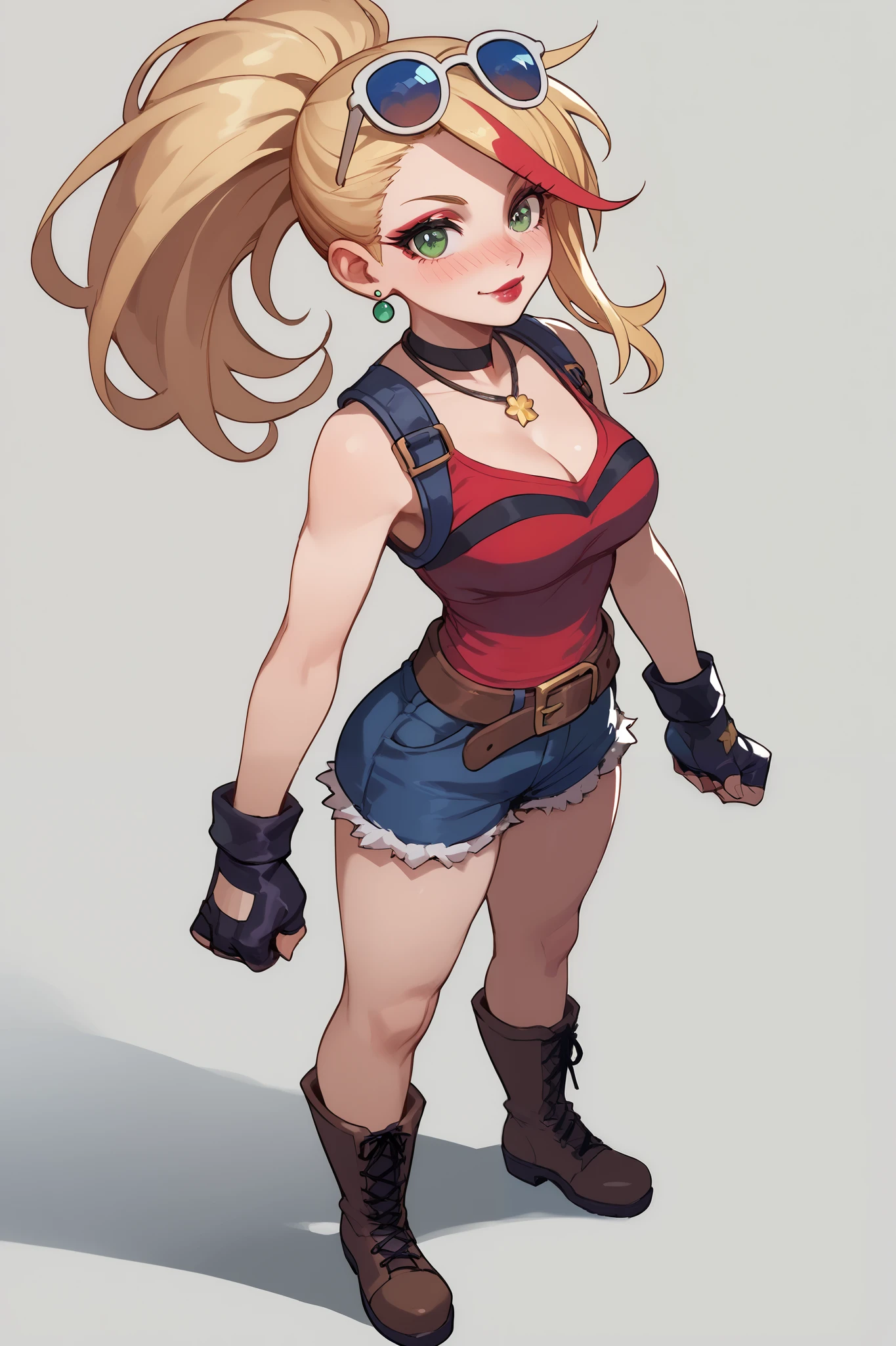 20 year old girl, ponytail blonde hair, lots of red stripes on hair, blue sunglasses on head, cute face, green eyes, long eyelashes, light blush, green earrings, prism necklace, black swin top, black swin bottom, fingerless gloves, very loose brown belt, steel toe boots, thin waist, standing, relaxed down arms, cute pose, red Lips, Makeup, Nose Blush, Full body overview, fullbody view