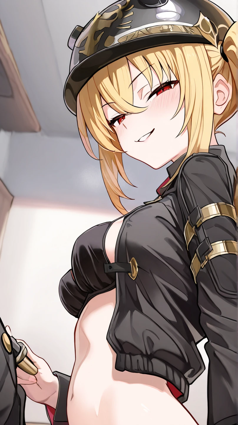 long hair, side ponytail, blonde hair, red eyes, helmet, black bra,black jacket,short jacket,((showing breasts)),smile,bare belly,close up


, score_8_up, score_7_up, source_anime, expressiveh, 1girl, hair between eyes, half-closed eyes, ((seductive face)),breasts focus,มองที่ผู้ชม, หน้าแดง, standing,bedroom,medium breasts,medium hip,,((from top,side view)),((upper body)),((hand at jacket opener)),