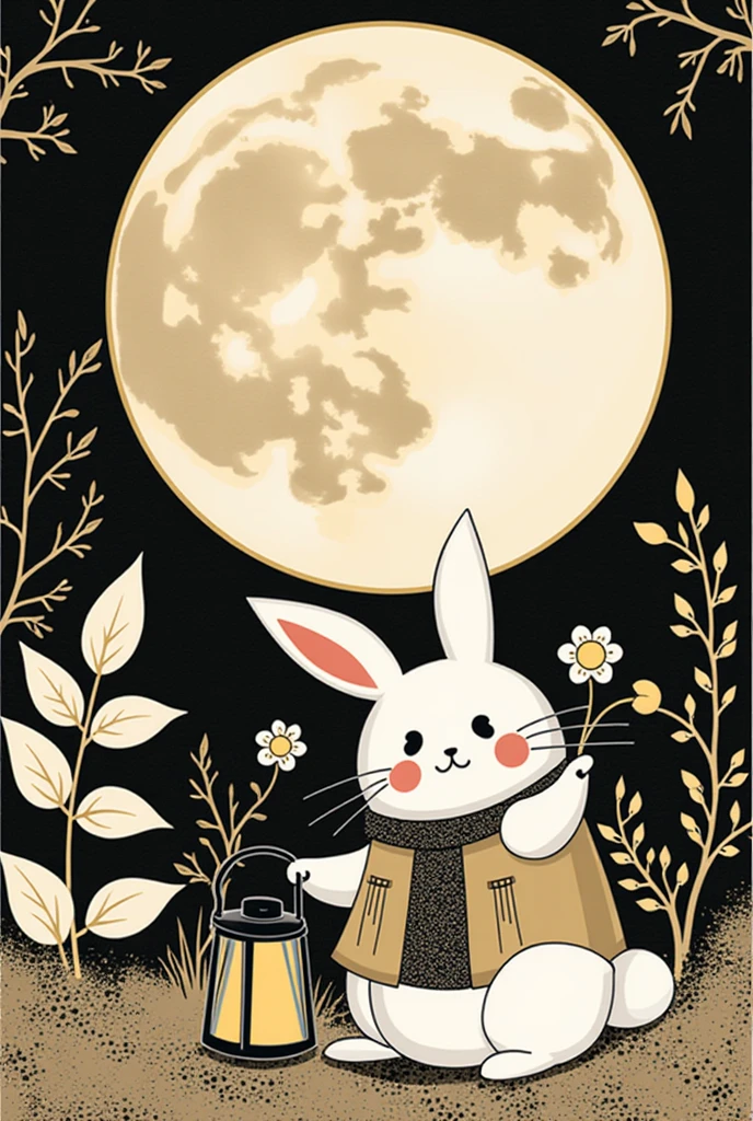 Pattern1,A stunning portrait in style of pattern1, 

there are minimalistic botanical wall-painting in the style of japanese pattern and those design is simple and minimalistic in a room
monochrome,watercolor painting, Big full moon with small ears and cute white rabbit wearing a small vest and holding a lantern glowing surrealistic