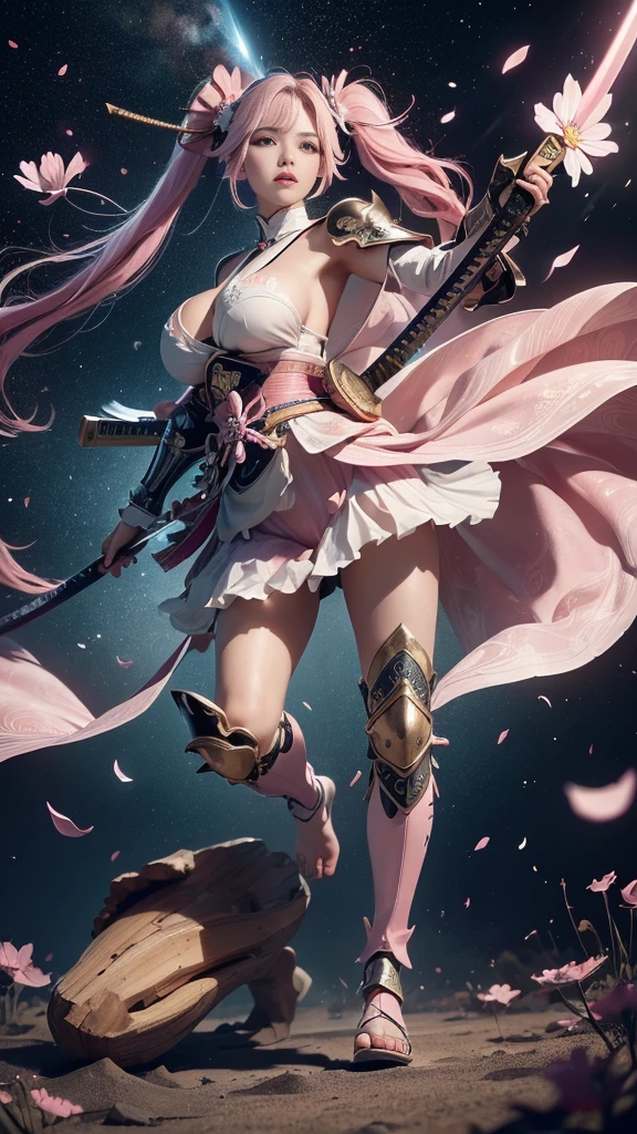  young woman, warrior,(wielding a katana_weapon:1.3), very detailedな, realisti,seductive smile,((  Looking at the Subject from Below :1.6)), ((Crouching and standing up,  feet :1.8)),  Brilliant Appearance , Creative Action,  extremely detailed, Imaginative,  sensual, spontaneous ,  top quality ,  skin texture, ((absurdly long hair,twintails)),((Pastel pink:1.6)), (led eyes), toned body ,(huge breasts:1.6), plump thighs, ( white pink armor with a cosmos flower pattern engraved ),(( leather samurai armor knight)), bikini type design that emphasizes chest exposure ,(sideboob),  Wear a white pink cape with a cosmos flower pattern , ((ruffled skirt:1.3)), White shin guard with a cosmos flower pattern engraved on it , Black high-leg underwear ,  Black Tights ,  absolute domain,  Intricate Details  , (( blue sky)),((Meteor shower:1.3)),(()), ((Cosmos flower petals background:1.3)), ((Cosmos flower petals:1.3)), ((Cosmos flower petals dancing in the wind:1.3)),( Cosmos flowers in full bloom ),(前面に Cosmos flowers in full bloom ), (confetti),  RAW photos , 8k, masterpiece,  top quality , ultra detail, very detailed,  Intricate Details  , high res,超 Intricate Details , very detailed 8k cg wallpaper,