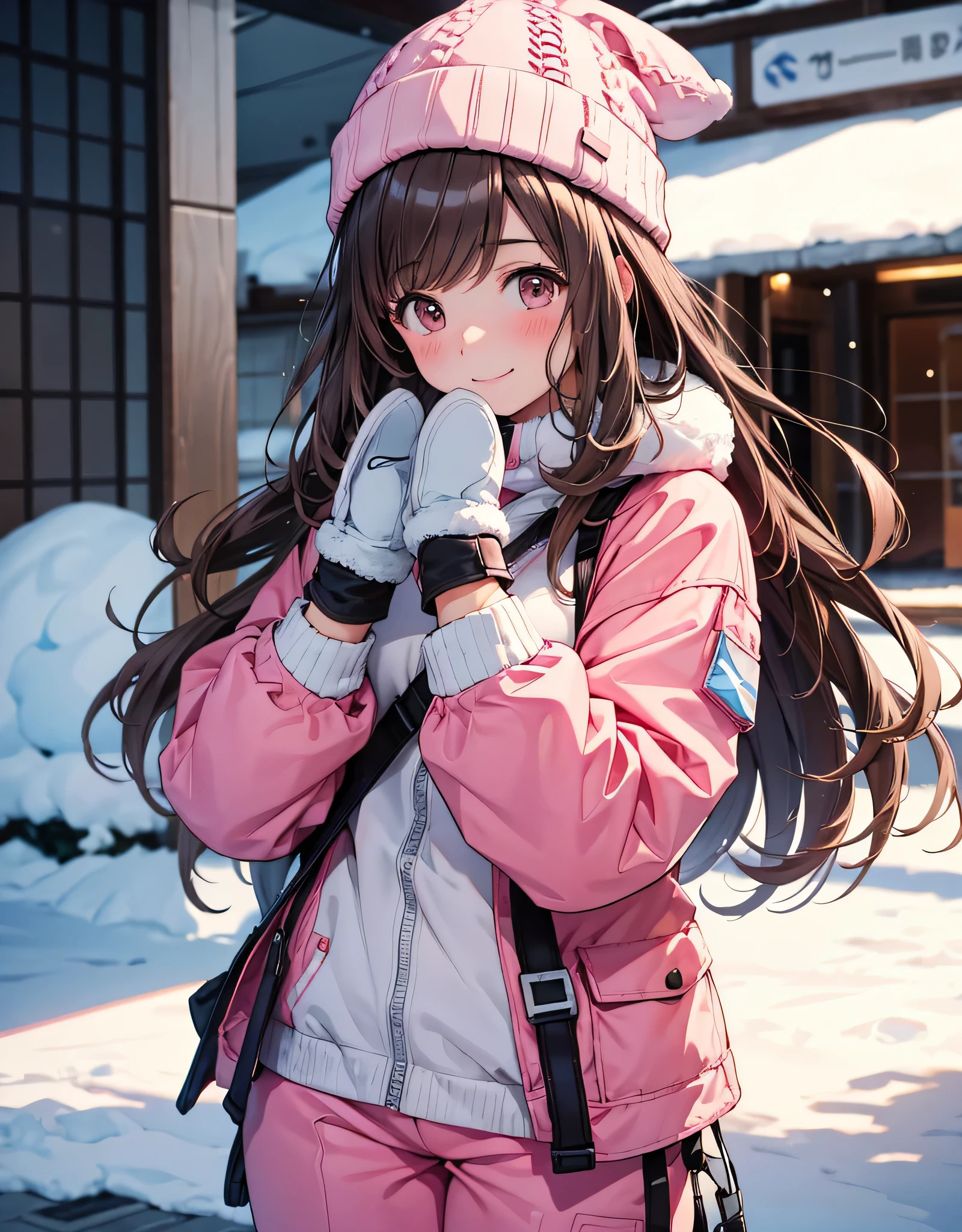1 girl, solo, high res, big breasts, Look away, blush, smiles, long hair, bangs, brown eyes, high res, masterpiece, accurate, is entangled with his hands and feet in front of an anatomically correct , won numerous awards, 最 High Quality , high detail, High Definition Model , High Quality , retina, very detailed, Ultra Fine, brown hair, , (((Pink ski wear))), ski resort, white knitted hat , pants style ski wear, (((Mittens gloves ))), Highlight the whole body,