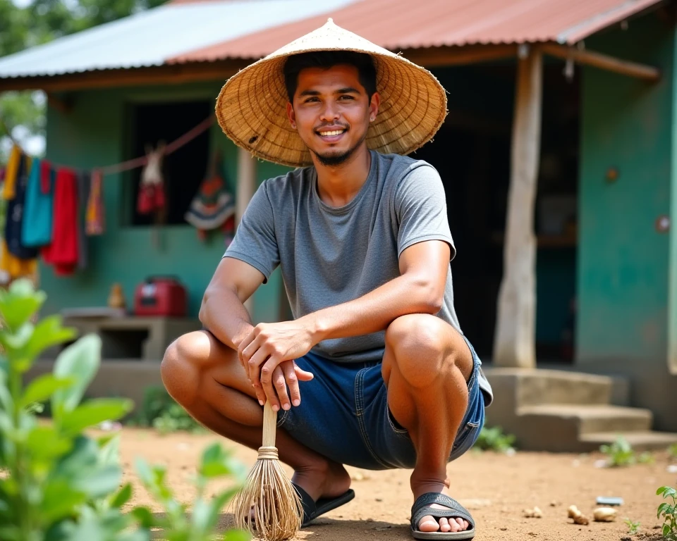 Have a beautiful village with green trees, let us make a video of a boy with torn clothes planting coconut trees in the field in front of the house.
