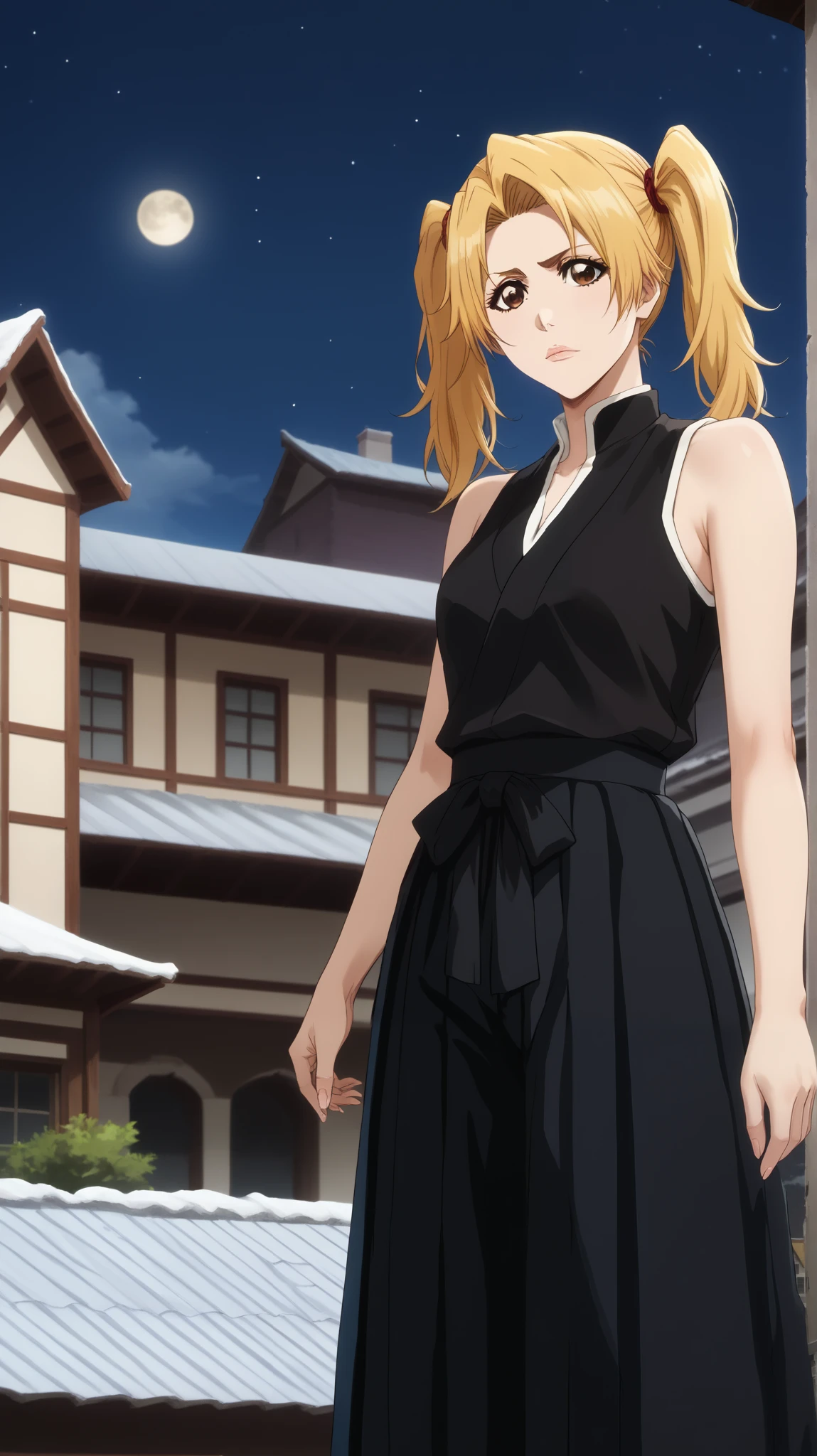 1 girl of fifteen years old  ,  young girl, One,   shinigami from the anime bleach  .
appearance:   brown eye  ,   long straight light yellow hair,   hairstyle with two blonde hair ponytails ,  tails behind the head  , black clothes шинигами, sensual lips,  closed mouth  ,  blond hair  ((black kosode  ,   sleeveless black hakama  , black clothes синигами, sleeveless)) black clothes,   black clothes  , black clothes синигами, (((  black clothes  ))) 
  standing on the roof of a tall building  ,  высокий дом Roof ,   girl standing on the roof of a tall house , Roof , Night, moon, большая жëлтая moon за спиной девушки,   hair develops in the wind  