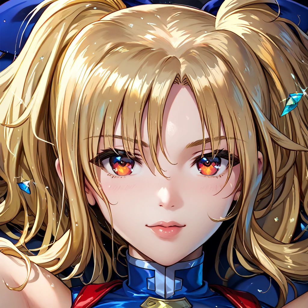 (( top quality )), ((masterpiece)), ( Details), （perfect face）、Blonde Fate Testarossa poses sexy in a blue numbers suit