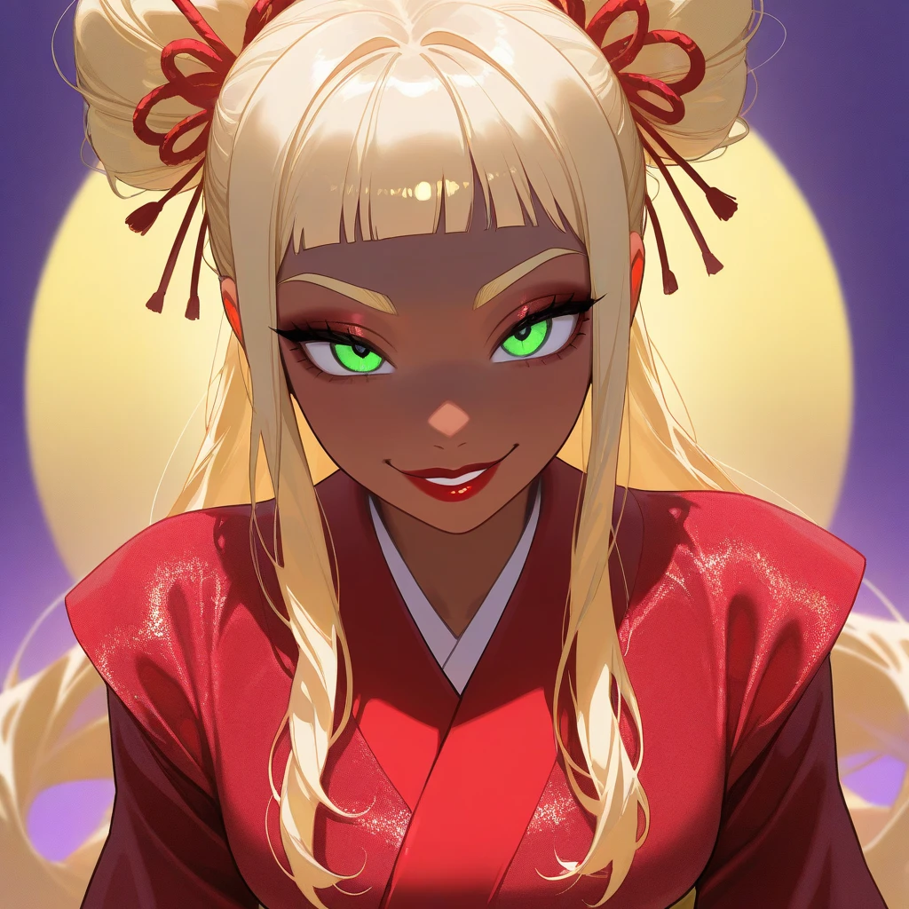 OC, female, semi realism, dark tanned skin, red lips, blonde eyebrows, perfect face, long wavy light Ashe blonde hair with bang, half-closed Green eyes, evil smile, red glamorous, sweet aesthetic, sexy kimono, mystic luminescent, sexy,