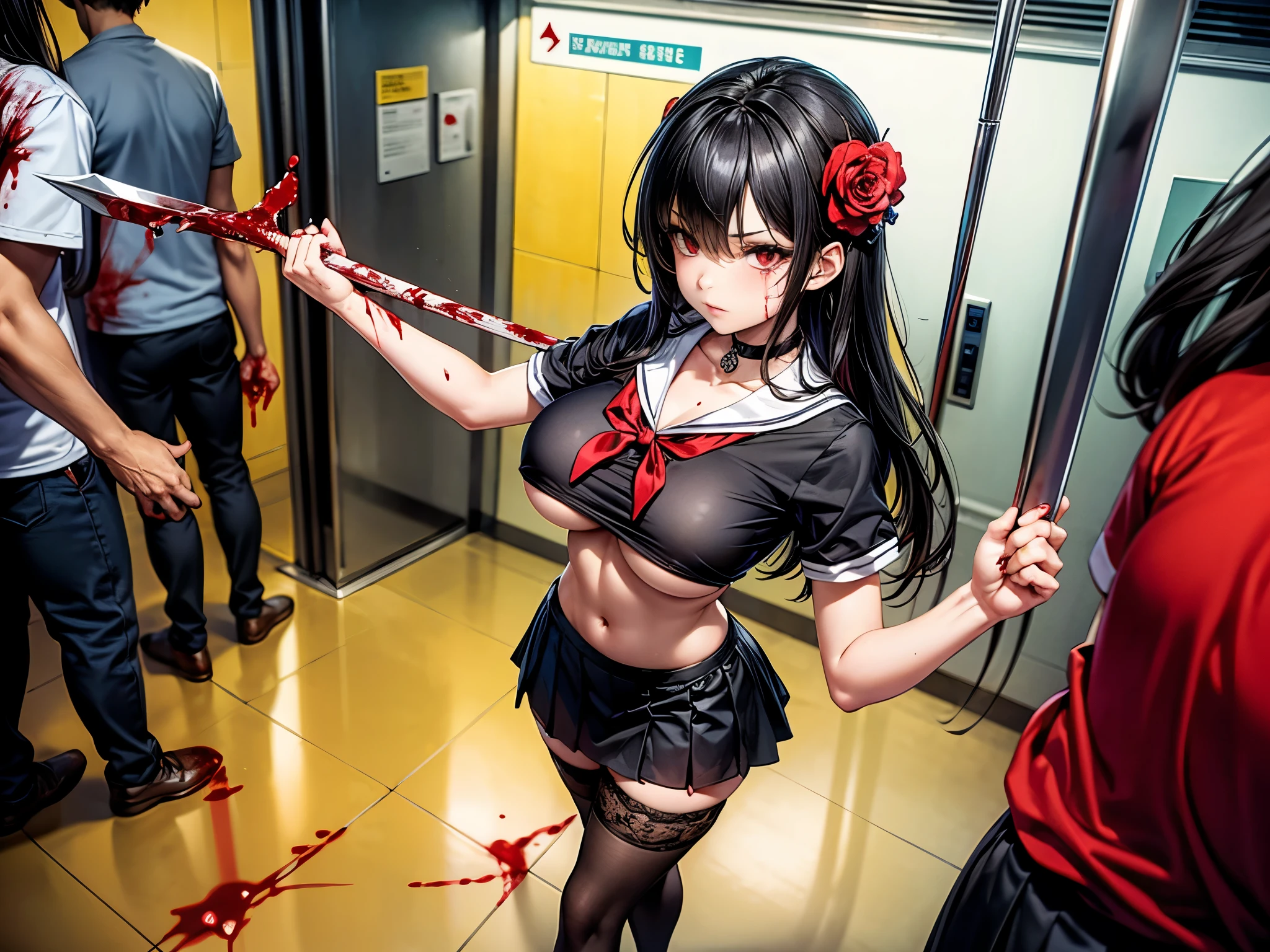 perfect hands, Perfect fingers, detailed eyes , (((blood))), (((blood en el cuerpo))), 1 chica high school, Alone, holds an axe , standing, fighting pose, big breasts, slender legs , seen from above, scarlet red eyes, long black hair , Red flower as a hair ornament, serious look, choker : 1.6, red tie, (Camiseta negra high school UnderBoob), ( short black skirt ), black tights , subway station , darkness