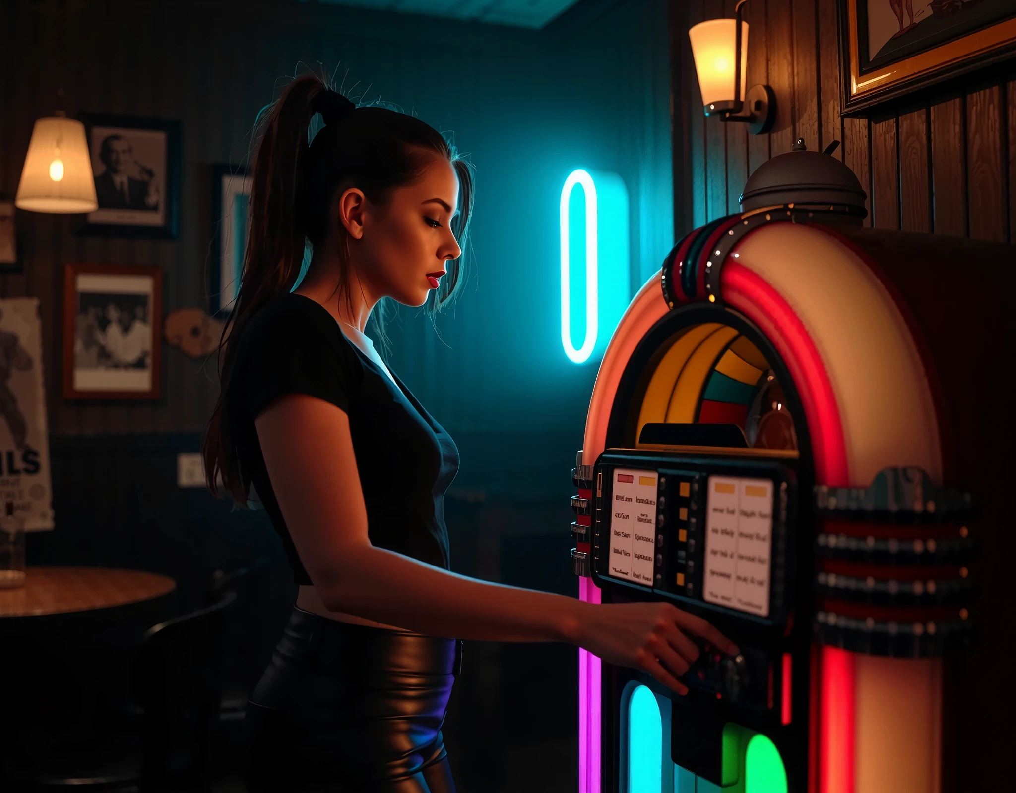 A Cinematic shot in a cozy, traditional English pub, a 19-year-old girl stands beside a vintage jukebox, her fingers hovering over the colorful buttons as she selects a song. She is dressed in a tight, fitted black t-shirt that subtly outlines her figure, paired with matte black leather pants that reflect faint glimmers of light. Her dark, smudged makeup enhances her bold and edgy appearance. The pub is steeped in nostalgia, its walls adorned with faded band posters, old football team photos, and wooden shelves stocked with an array of glass bottles and spirits. The air is hazy with cigarette smoke, curling upward into the dimly lit ceiling. A small turquoise neon light casts an ethereal glow, softly illuminating her determined expression while throwing cool tones across her silhouette. The jukebox radiates vibrant, multicolored lights, its warm hues adding contrast to the cooler tones of the room. Shadows flicker and dance on the worn wooden walls, blending the neon glow with the dim amber lighting from vintage wall sconces. The scene exudes a mix of resilience and nostalgia, with the clatter of glasses, distant laughter, and the faint hum of an old jukebox track filling the air, encapsulating the timeless charm of the pub.
