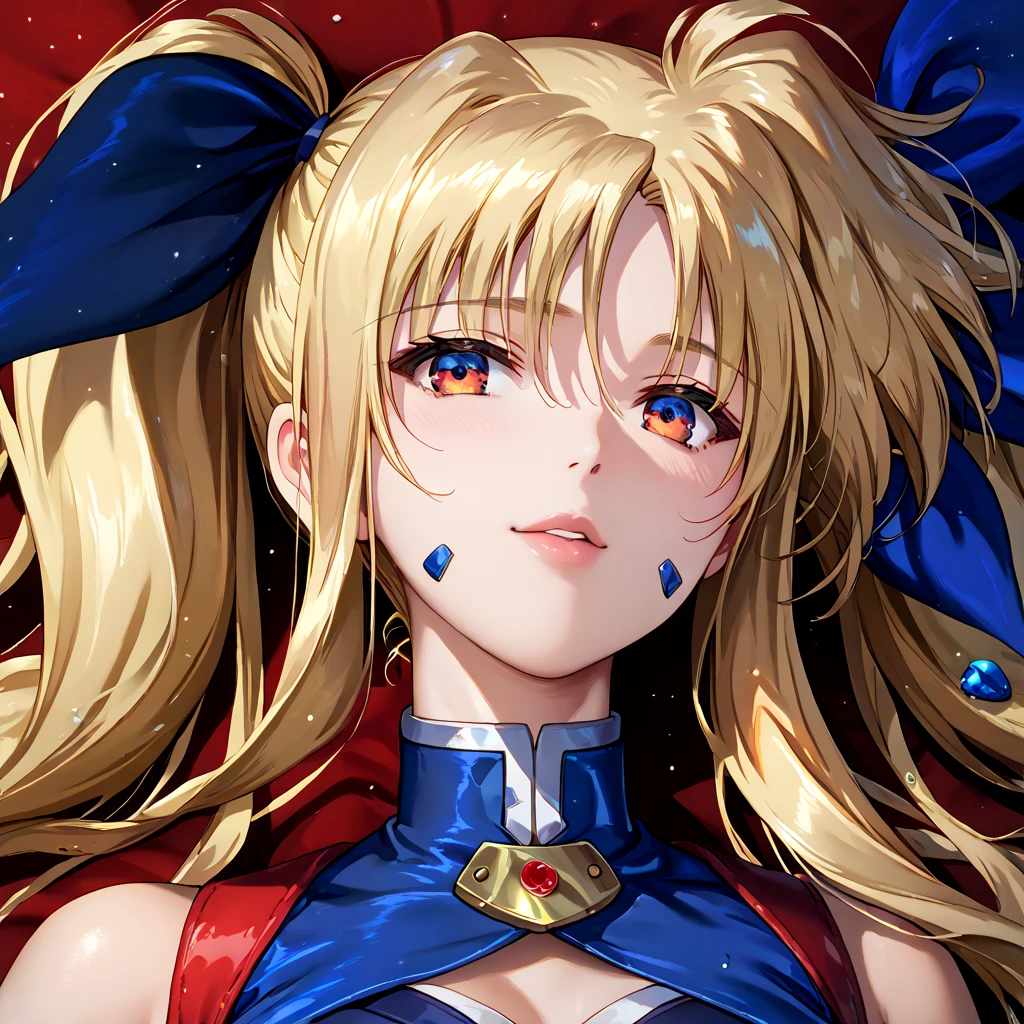 (( top quality )), ((masterpiece)), ( Details), （perfect face）、Blonde Fate Testarossa wears a blue all-person number suit and poses in a sexy pose showing her whole body