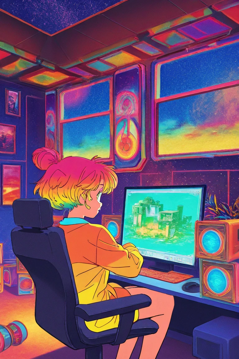  Woman Sitting on a Chair in Her Room Full of Monitors on the Wall , Her Teenage Room Filled with Computer Monitors Without Gaps,Decorative Space Paintings   , Gameplay screenshots  ,   colorful dystopian futurism,   Retrofuturistic Digital Painting, Fantastic anime  ,  ビデオ  game screenshot ,   detailed pictures of virtual worlds  ,    Colorful in Futuristic Hues   ,   Promotional Art  ,   game screenshot ,  neon color