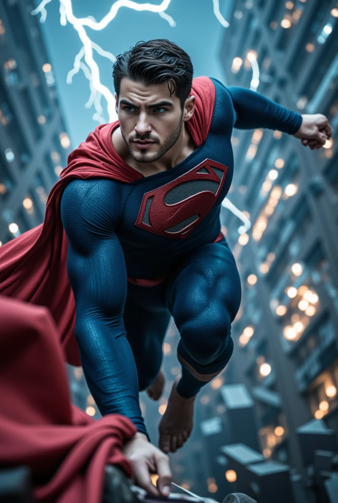 (masterpiece:1.2, Exceptional Quality, Mirror-like, Cinematic Experience, Best illustrations:2.0), Ultra-high resolution, Very detailed, 8k, wallpaper, (Super sexy man:0.5), (Super muscular:2.0), (Cody Christian:2.0), (Superman:2.0), (Elegant body:2.0), (Beautiful Eyes, Shining eyes, Detailed face, Short stubble, Beautiful skin texture:1.3, undercut haircut:1.3), (Beautiful male hands:2.0), (Fine hand:2.0), (Flying superhero pose, a red cape flowing behind him:2.0), (Wearing a blue Superman suit:2.0), (In the background is a intense electrical discharges:2.0), (Super sexy:2.0), (Very muscular thighs:2.0), (Super functional:2.0), (Cyberpunk:2.0), (SF:2.0), (Visual Effects:2.0), (Upper body close-up:2.0), (dynamic:2.0), (Serious:2.0)