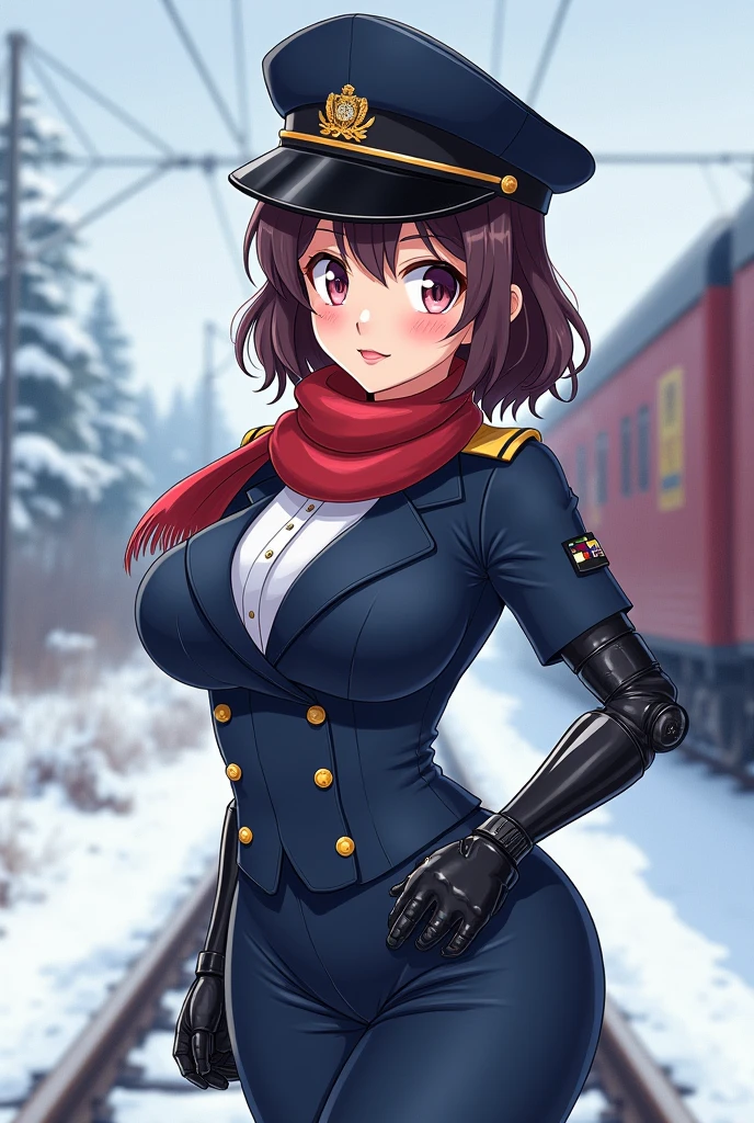 Masterpiece, best quality,Kousaka honoka, facing viewer, looking at viewer ,night, train station, very tight bodysuit, short hair, hair ornament, standing , Blushing ,cowboy shot, snow , warm smile , (breasts armour) 