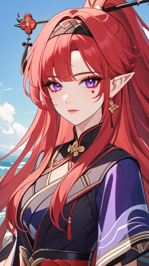 1girl,bangs,jewelry,ponytail,hairband,earrings,red hair,purple eyes,hair ornament,pointy ears,long hair,hair stick,facial mark,solo,mole, yinlin, yinlin (\wuthering waves\)