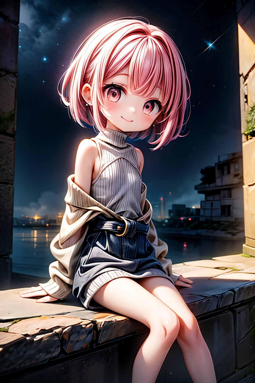 A painting showing her sideways from afar.

An anime-style girl She sits in the ruins, hugging her knees, looking straight up and gazing at the starry sky.

She has pink hair,straight short bob Hair, pink hair and brown eyes, a little short,Her legs and waist are so slim, and she stares out with a carefree smile,She doesn't have her ears pierced,slightly small chest.

She is wearing a gray sweater and no underwear.