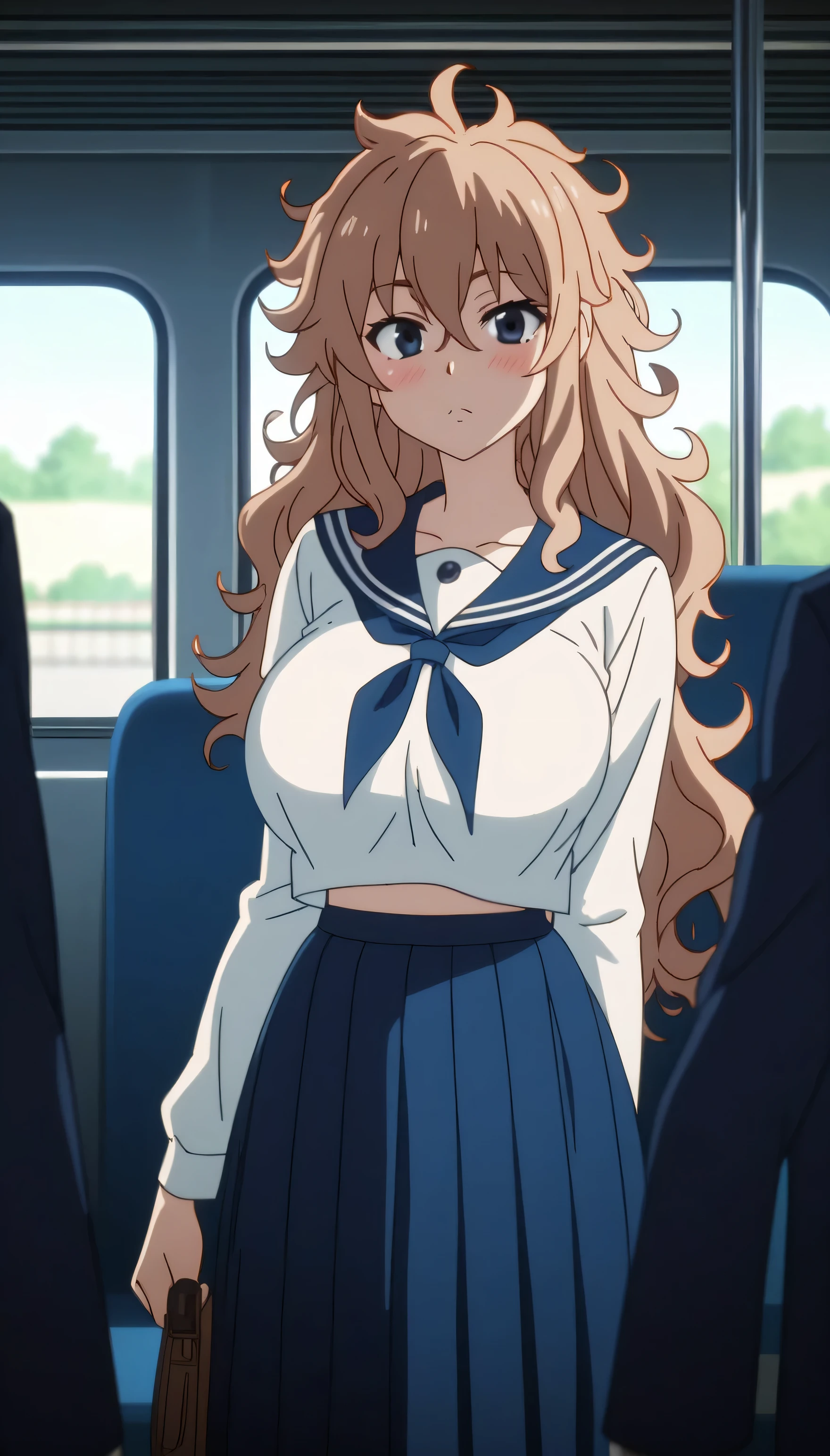 1girl, very long black messy hair, half-closed black eyes, dark circles under the eyes, neutral expression, dark blue serafuku, standing, big breasts, curvy, skinny, looking at viewer, medium blush, indoor, inside a train car, anime screencap, anime coloring