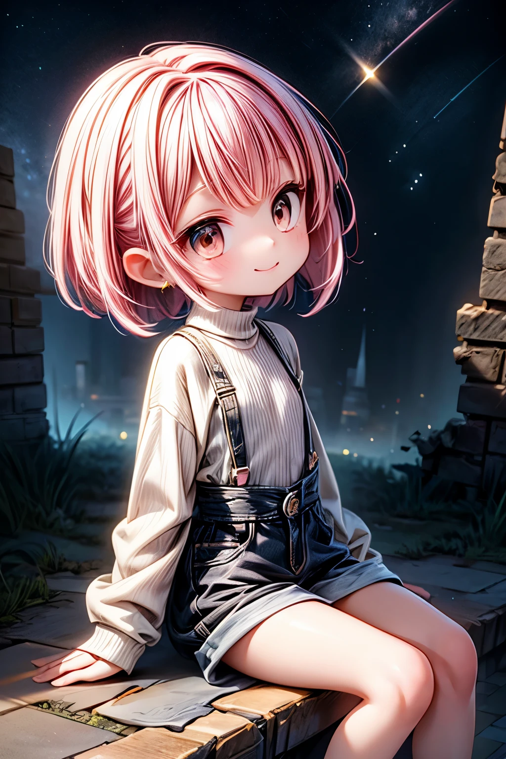 A painting showing her sideways from afar.

An anime-style girl She sits in the ruins, hugging her knees, looking straight up and gazing at the starry sky.

She has pink hair,straight short bob Hair, pink hair and brown eyes, a little short,Her legs and waist are so slim, and she stares out with a carefree smile,She doesn't have her ears pierced,slightly small chest.

She is wearing a gray sweater and no underwear.