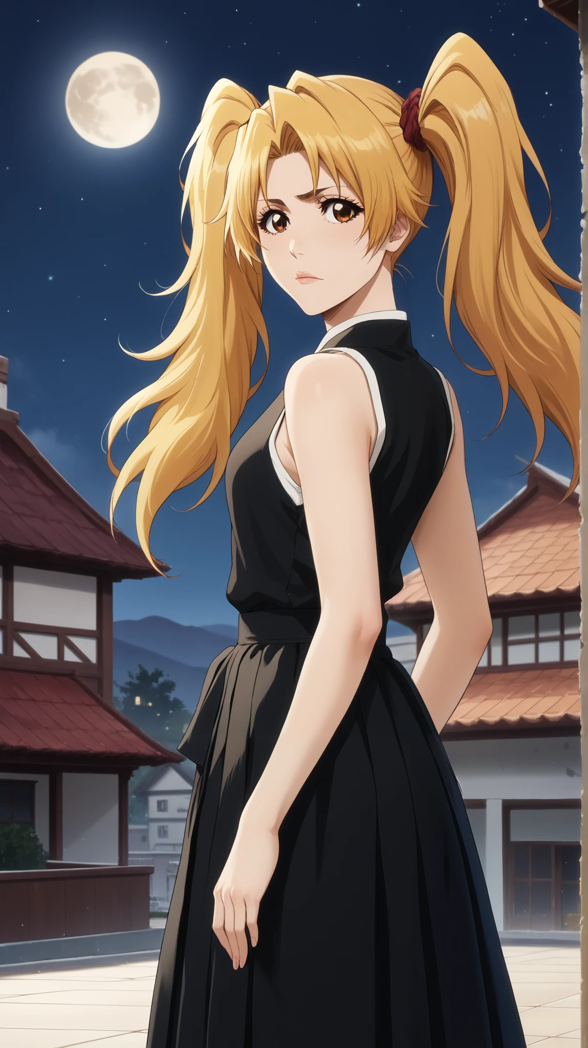 1 girl of fifteen years old  ,  young girl, One,   shinigami from the anime bleach  .
appearance:   brown eye  ,   long straight light yellow hair,   hairstyle with two ponytails made of blond hair,  tails behind the head  , black clothes шинигами, sensual lips,  closed mouth  ,  blond hair  ((black kosode  ,   sleeveless black hakama  , black clothes синигами, sleeveless)) black clothes,   black clothes  , black clothes синигами, (((  black clothes  ))) 
  standing on the roof of a tall building  ,   tall white house orange tile roof ,   girl standing on the roof of a tall house , orange tile roof , Night, moon, большая жëлтая moon за спиной девушки,   hair develops in the wind  