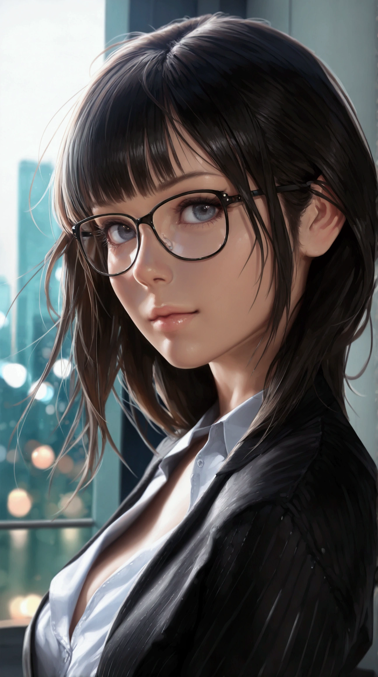 1girl, black hair, glasses, cyberpunk style, medium shot, beautiful detailed eyes, beautiful detailed lips, extremely detailed face, long eyelashes, solo, sexy appearance, cyberpunk business clothes, (best quality, 4k, 8k, highres, masterpiece:1.2), ultra-detailed, (realistic, photorealistic, photo-realistic:1.37), HDR, UHD, studio lighting, ultra-fine painting, sharp focus, physically-based rendering, extreme detail description, professional, vivid colors, bokeh