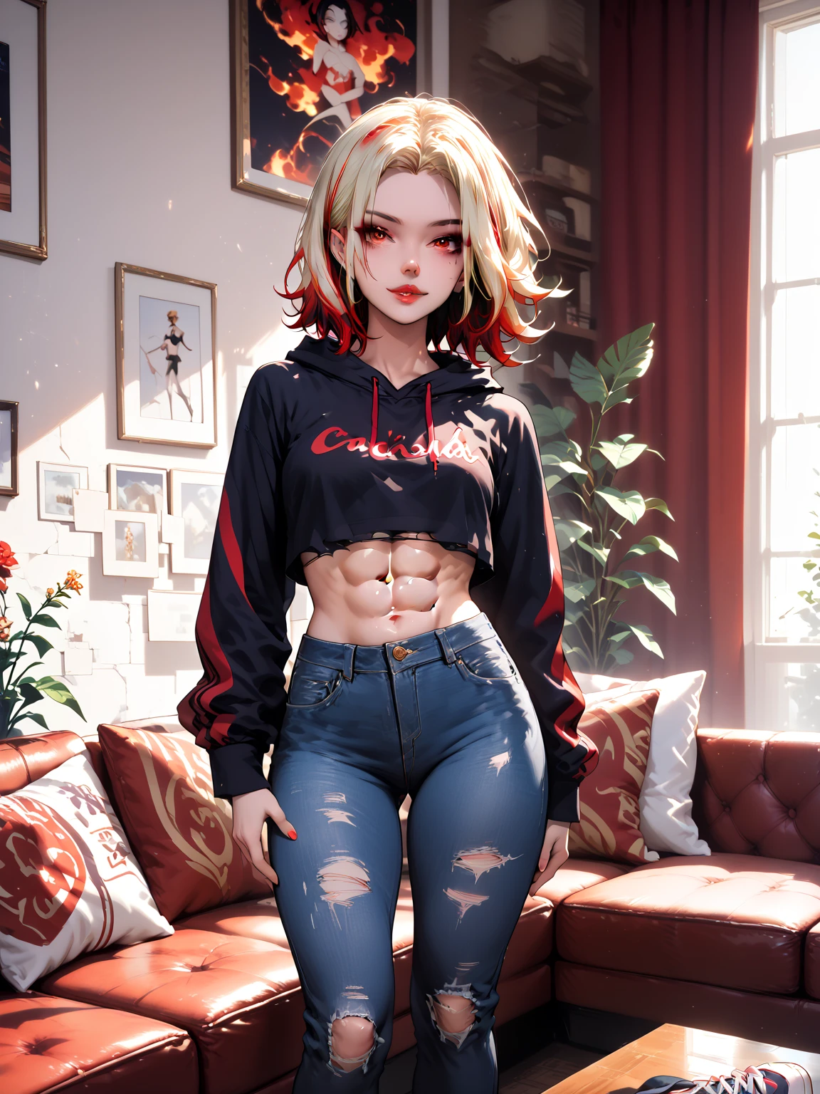 1girl, multicolored_hair, blond_hair,(blond_hair: 1.2), (red_hair_highlights: 1.5), piercing_amber_eyes, wearing_a_cropped_black_hoodie_with_flame_logo, toned_abs_visible, ripped_jeans, sneakers, standing_in_a_dorm_room_with_scattered_bags_and_laptops, casual_pose_with_one_hand_on_hip,leaning_against_back_of_couch, masterpiece, 4K, perfect_face, medium_closeup