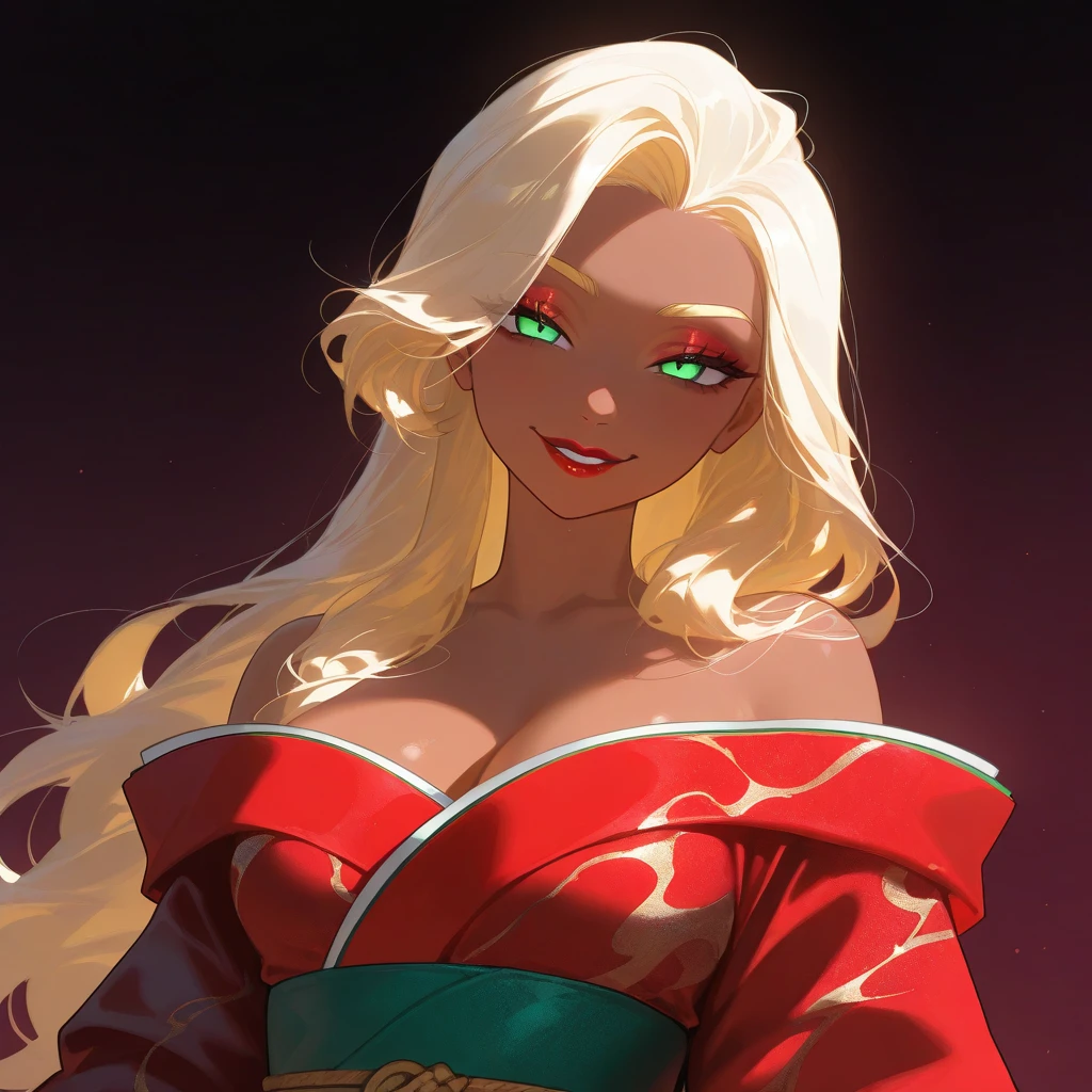 OC, female, semi realism, dark tanned skin, red lips, blonde eyebrows, perfect face, long wavy light Ashe blonde hair with bang, half-closed Green eyes, evil smile, red glamorous, sweet aesthetic, sexy kimono, mystic luminescent, sexy,