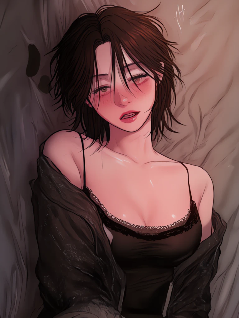 ((masterpiece)), ((high detail)), a beautiful girl who is sleepy while smiling in the room. she has a skinny body, huge chest, fair skin, black eyes, messy black neck length short hair with messy bangs, she is also wearing a black spaghetti strap tank top and baggy jeans