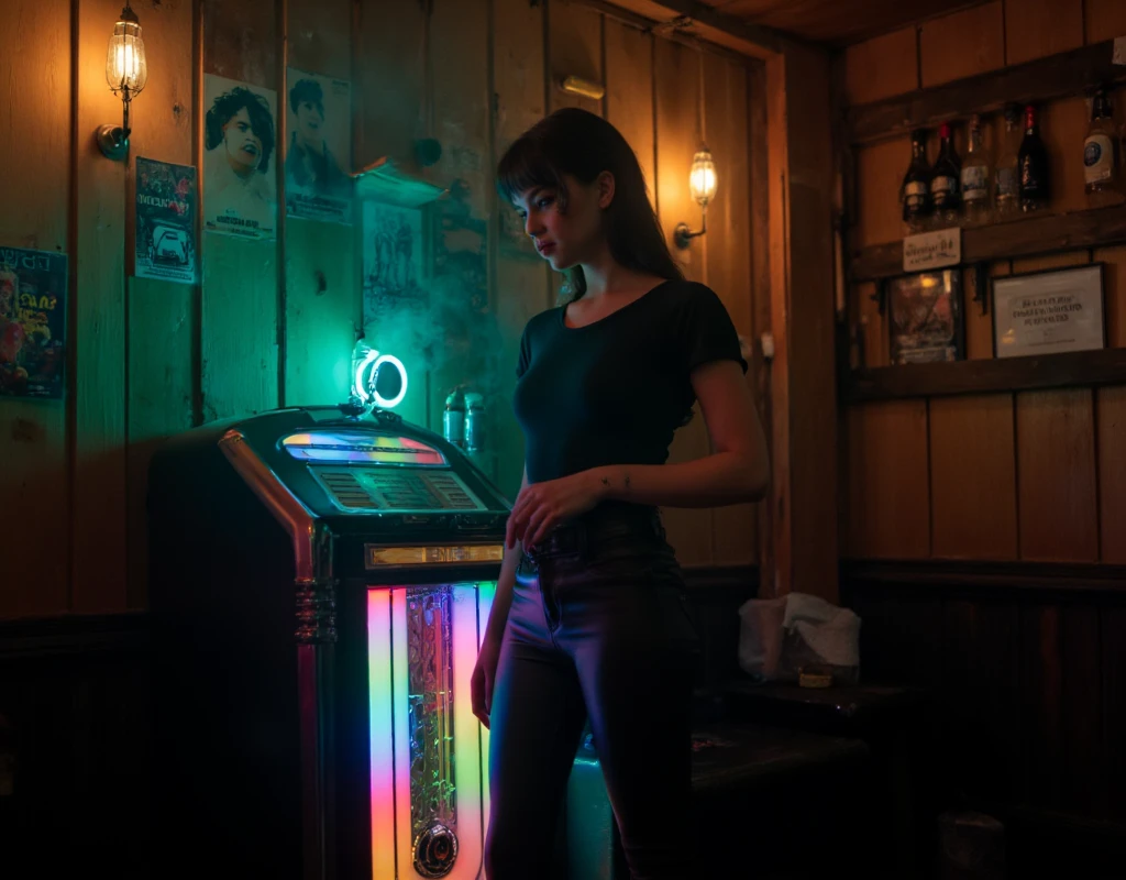 A Cinematic shot in a cozy, traditional English pub, a 19-year-old girl stands beside a vintage jukebox, her fingers hovering over the colorful buttons as she selects a song. She is dressed in a tight, fitted black t-shirt that subtly outlines her figure, paired with matte black leather pants that reflect faint glimmers of light. Her dark, smudged makeup enhances her bold and edgy appearance. The pub is steeped in nostalgia, its walls adorned with faded band posters, old soccer team photos, and wooden shelves stocked with an array of glass bottles and spirits. The air is hazy with cigarette smoke, curling upward into the dimly lit ceiling. A small turquoise neon light casts an ethereal glow, softly illuminating her determined expression while throwing cool tones across her silhouette. The jukebox radiates vibrant, multicolored lights, its warm hues adding contrast to the cooler tones of the room. Shadows flicker and dance on the worn wooden walls, blending the neon glow with the dim amber lighting from vintage wall sconces. The scene exudes a mix of resilience and nostalgia, with the clatter of glasses, distant laughter, and the faint hum of an old jukebox track filling the air, encapsulating the timeless charm of the pub.
