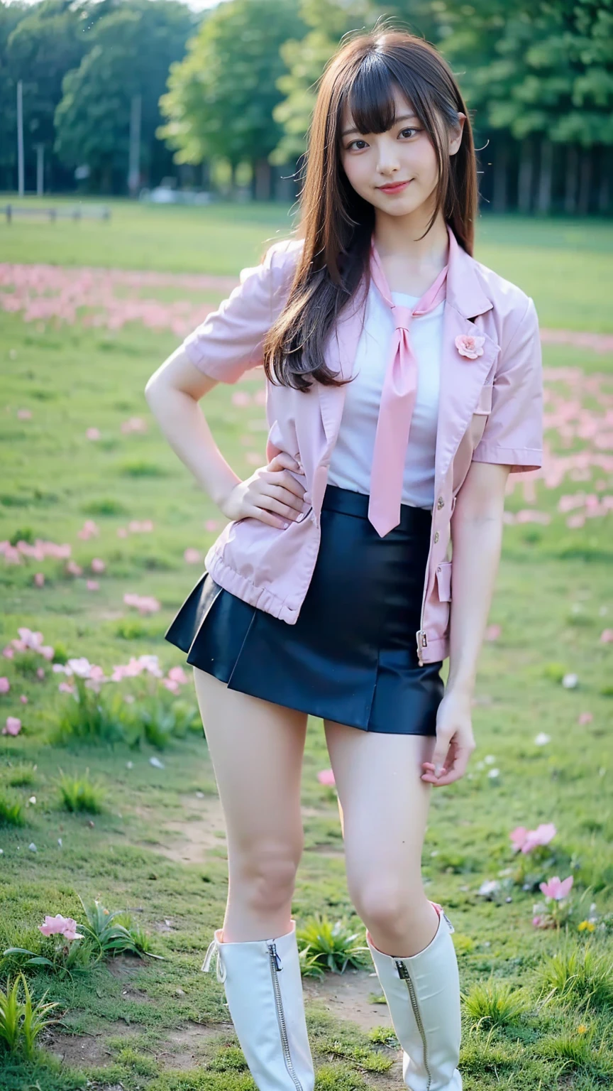 (8k、     RAW photos   、   top quality、masterpiece   :1.2)、(   realistic  、   realistic  )、1 person、((bangs、 ties、Short sleeve、 boots、 Pink Jacket 、smile、whole body、 black tight mini skirt、Flower Field、Narrow waist、Stand with hands on hips、 standing facing you   )、 cute