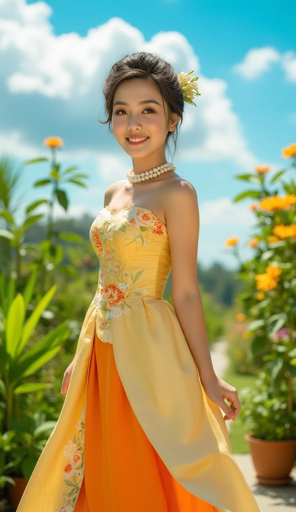 masterpiece, high res, high quality, photo real, 1 japanese girl ,super mode, roughly hair up, big ear accessories, big smile, wear golden silky vietnamese traditional ao dai, over ao dai wear big pearl neckless, dynamic standing pose,  background beautiful garden blue sky, natural light, full body shot, DOF:1.4.